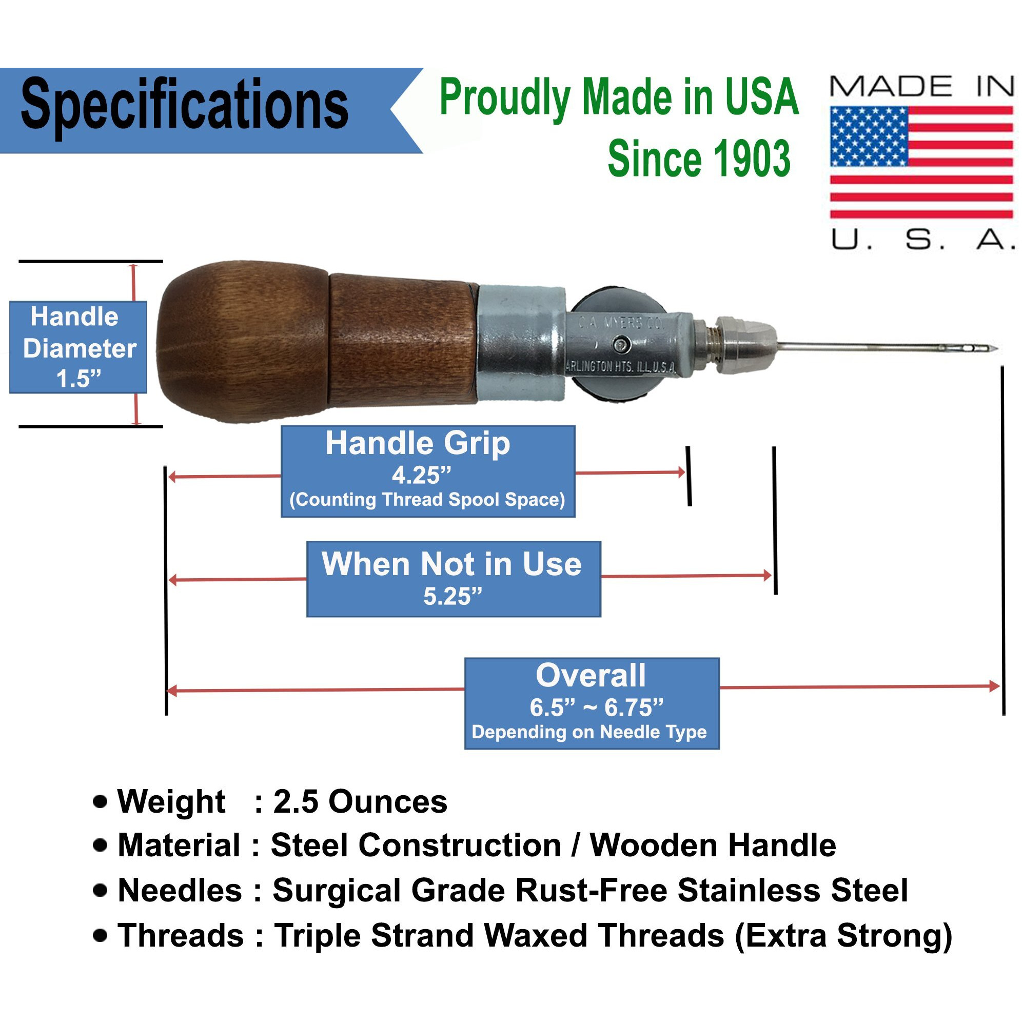 Repair Stitch Tool | Made In Usa | Sewing Awl For Bounce Houses  Inflatables  Leather  Thick Fabric  Shoes  Bags  Belt  Upholstery Repair Kit & Crafts Leather  Tarp Stitching. Professional Heavy Duty
