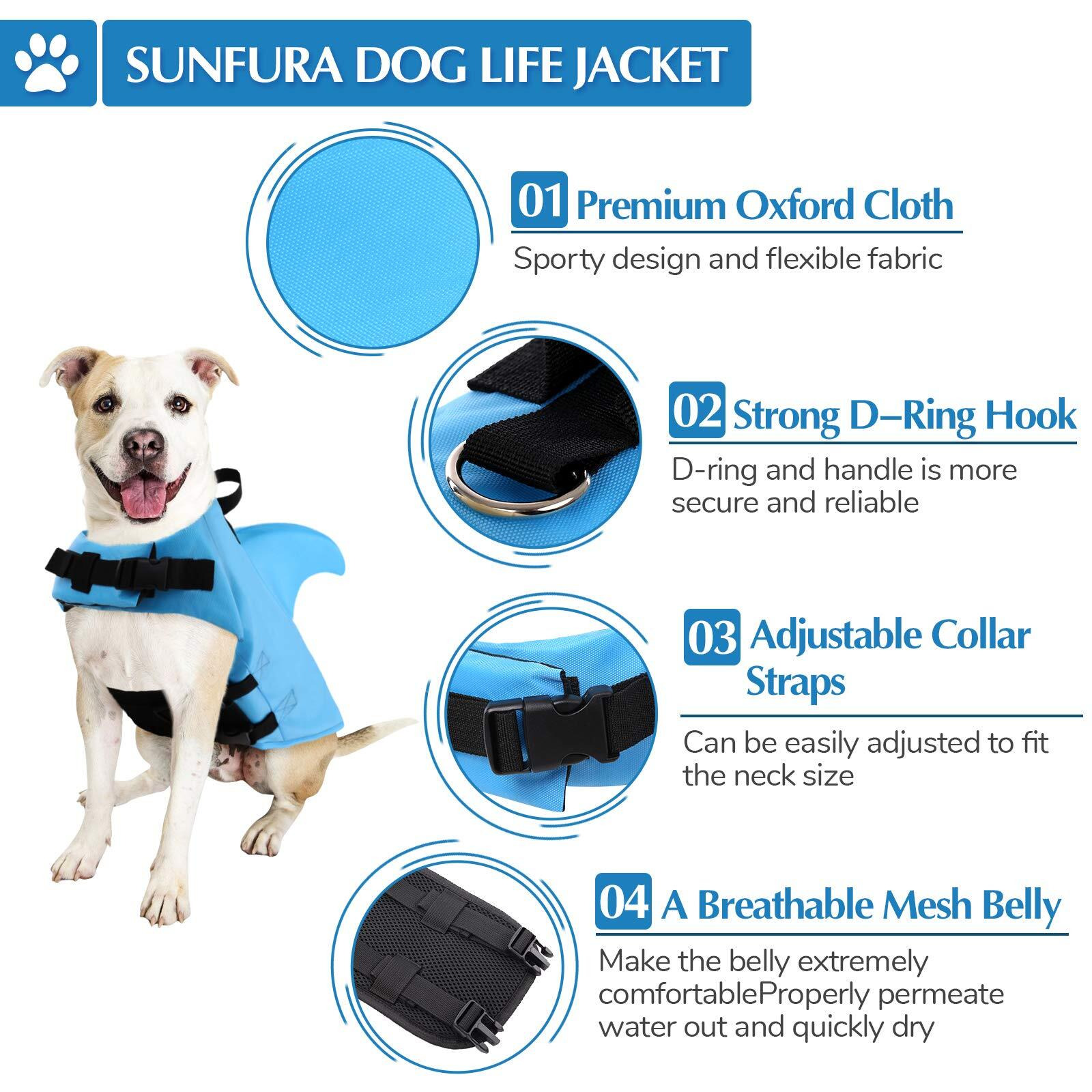 Sunfura Medium Dog Life Jacket  Shark Fin Dog Life Jackets Safety Vests For Swimming  Dog Life Preserver With High Buoyancy & Rescue Handle  French Bulldog Lifesaver For Small Medium Dogs  Blue M