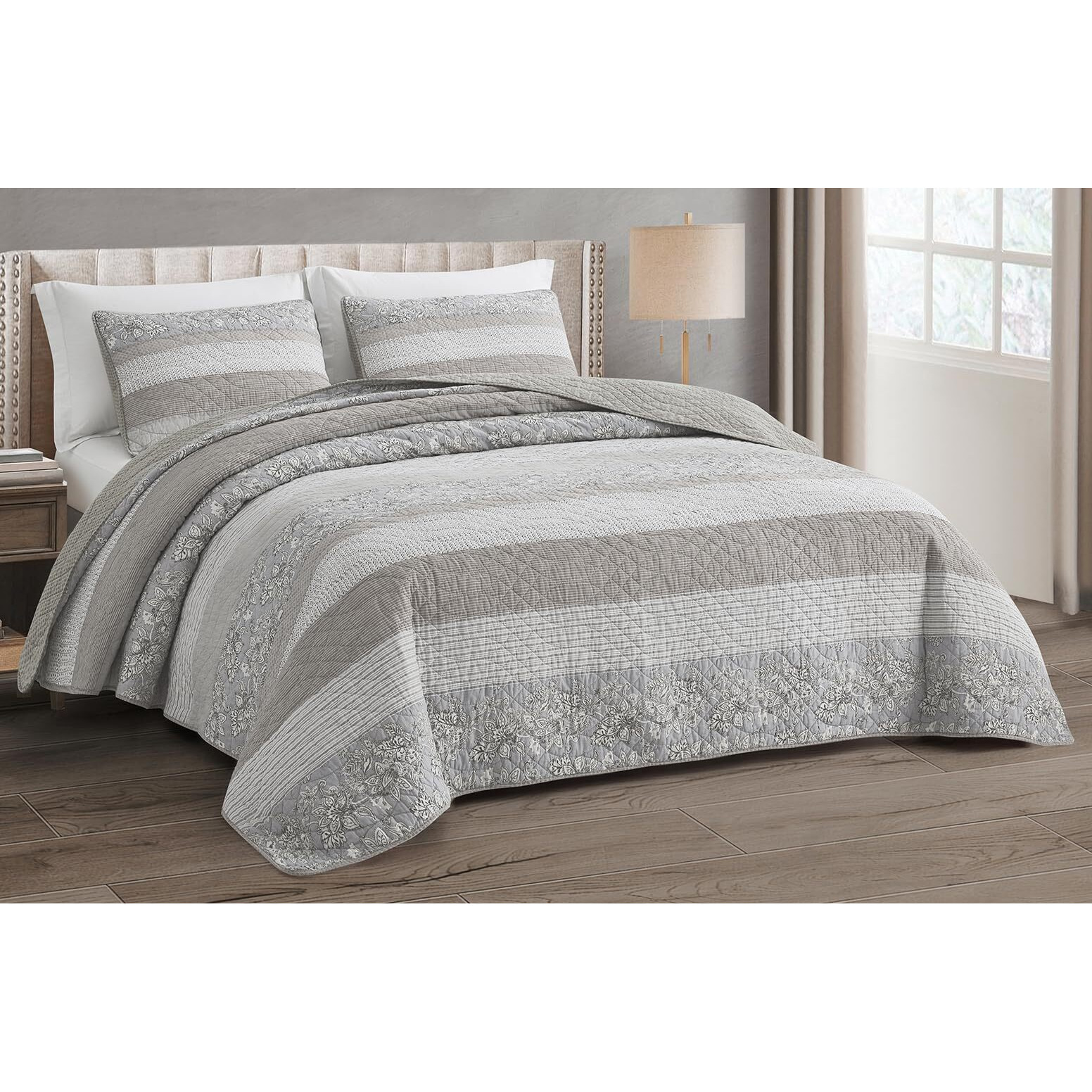 Chezmoi Collection Robyn 3-Piece Neutral Taupe Gray White Floral Hibiscus Flower Patchwork Striped Quilt Set - Pre-Washed Cotton Coverlet - Lightweight Reversible Bedspread  Oversized King Size