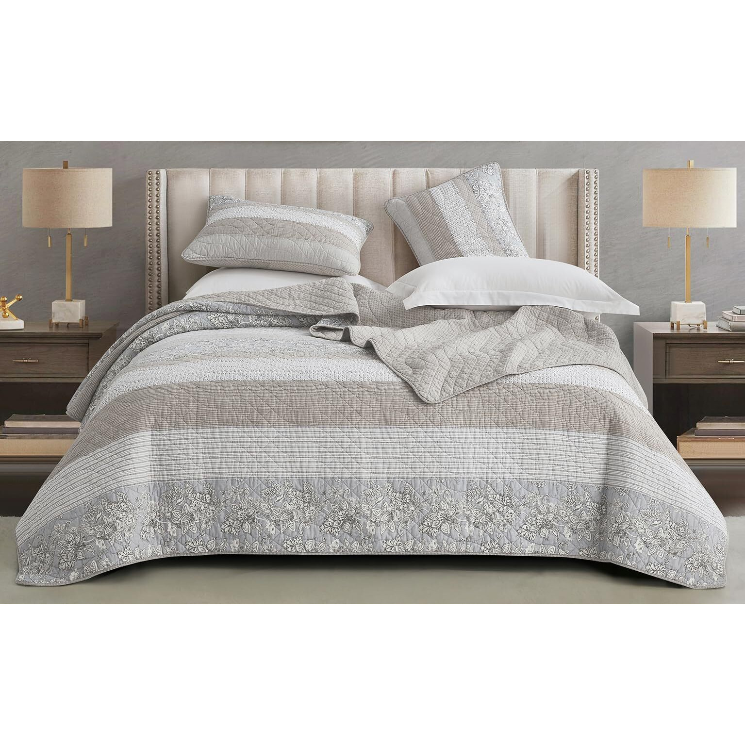 Chezmoi Collection Robyn 3-Piece Neutral Taupe Gray White Floral Hibiscus Flower Patchwork Striped Quilt Set - Pre-Washed Cotton Coverlet - Lightweight Reversible Bedspread  Oversized King Size