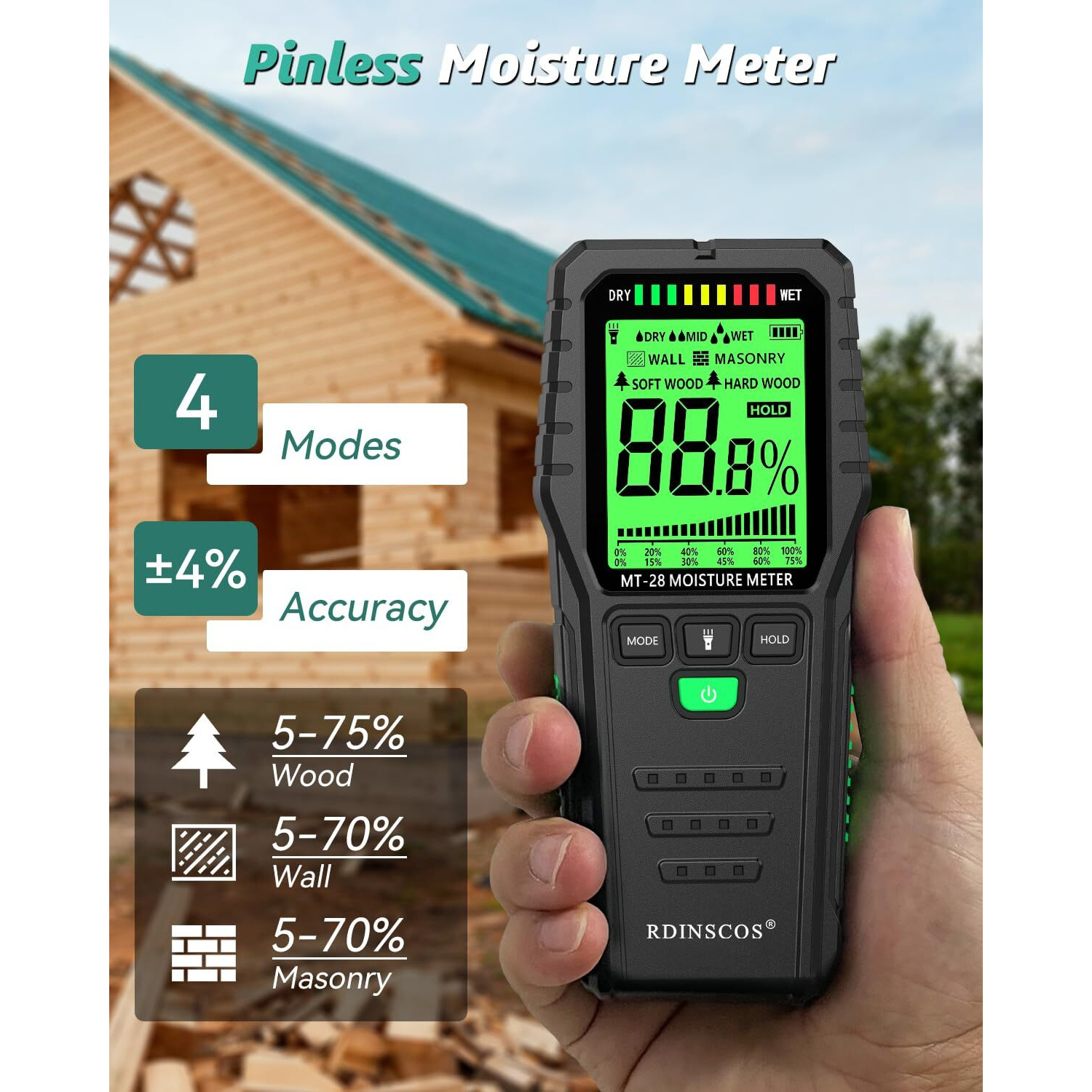 Pinless Moisture Meter For Walls Wood Moisture Meter For Lumber Floor Water Leak Detector Lumber Moisture Tester On Softwood And Hardwood Firewood  Masonry(Pinless Moisture Meter)