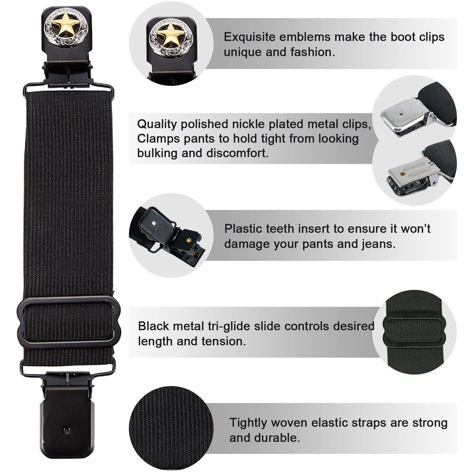 Dream Apparel Elastic Boot Straps Clips Adjustable Pant Clips Stirrups Leg Straps For Biker Women Men Motorcycle Black