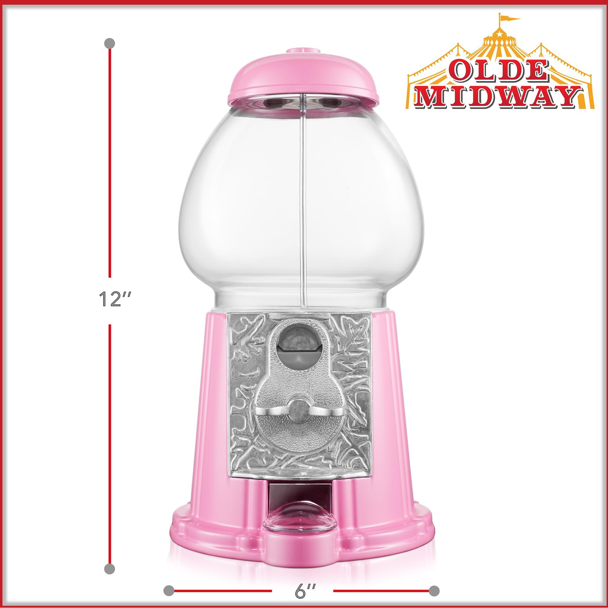 Olde Midway 12"" Gumball Machine With Glass Globe And Metal Base - Pink  Vintage-Style Bubble Gum Candy Dispenser