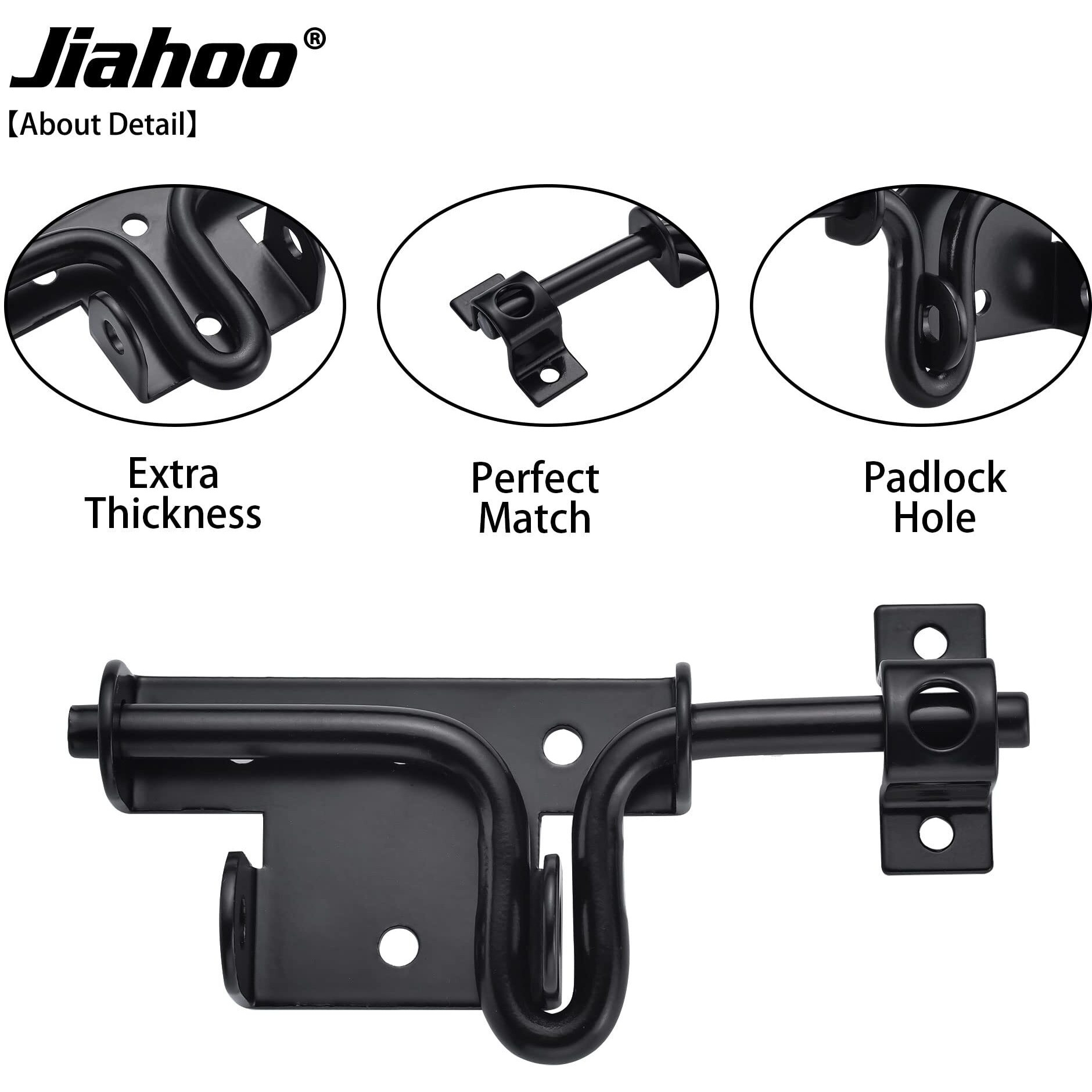 Jiahoo Slide Bolt Gate Latch  Heavy Duty Door Lock With Padlock Hole  Sliding Bolt Latch Hardware For Wooden Fence  Shed Door  Pvc Fence  Barn Door  Thickened Steel  Black Finish