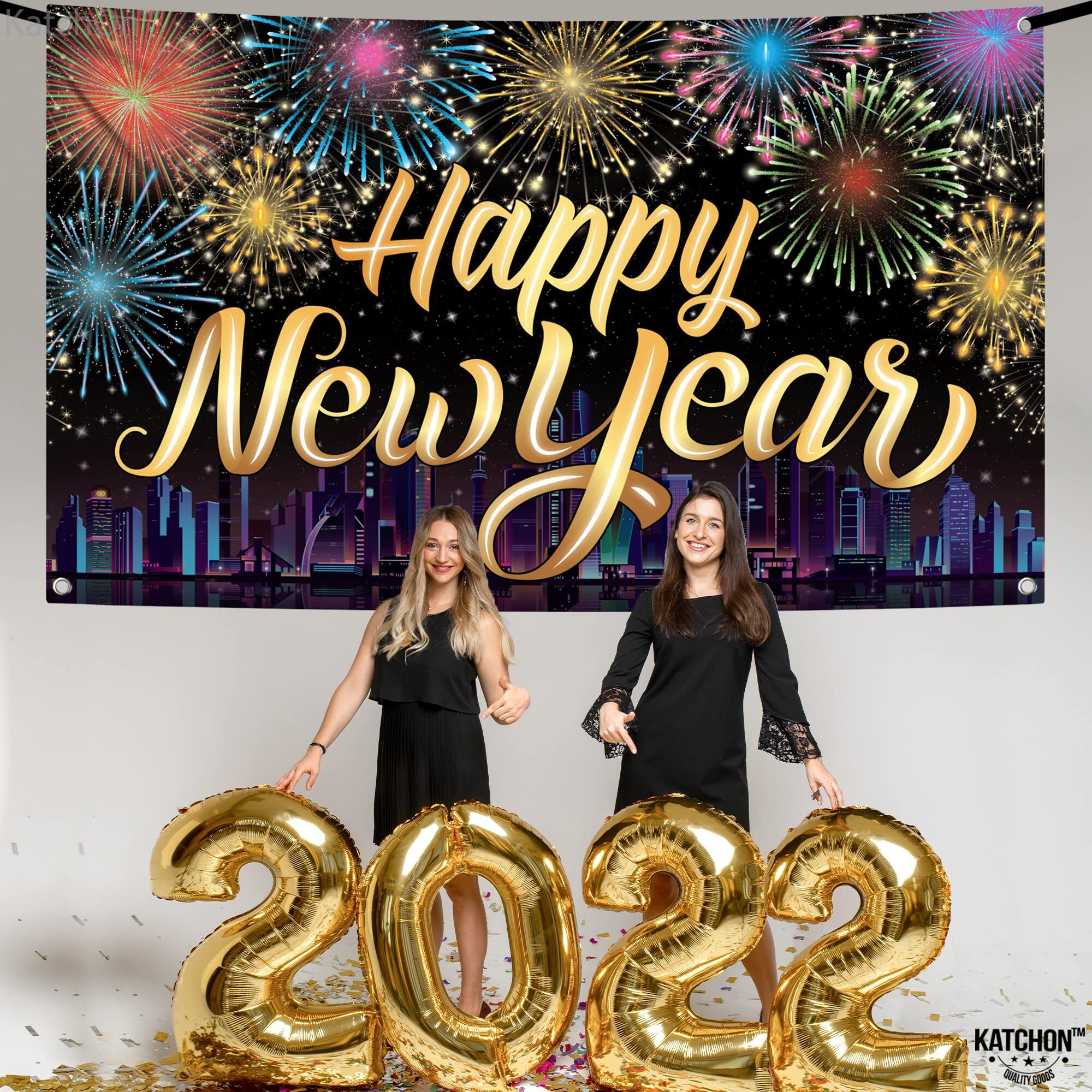 Katchon  Xtralarge Happy New Year Banner - 72X44 Inch | Happy New Year Decorations 2025 | Firework New Years Backdrop For Nye Decorations | Happy New Year Backdrop  New Years Eve Party Supplies 2025