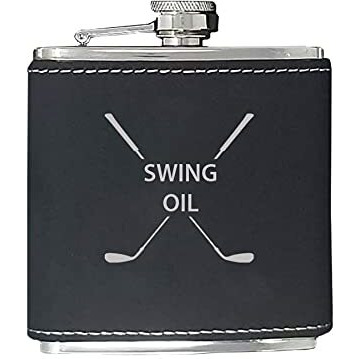Swing Oil Flask - Golfing Birdie Juice Hip Stainless Steel Leatherette Metal Matte 6-Ounce Golf Bag Leather Flask (Black)