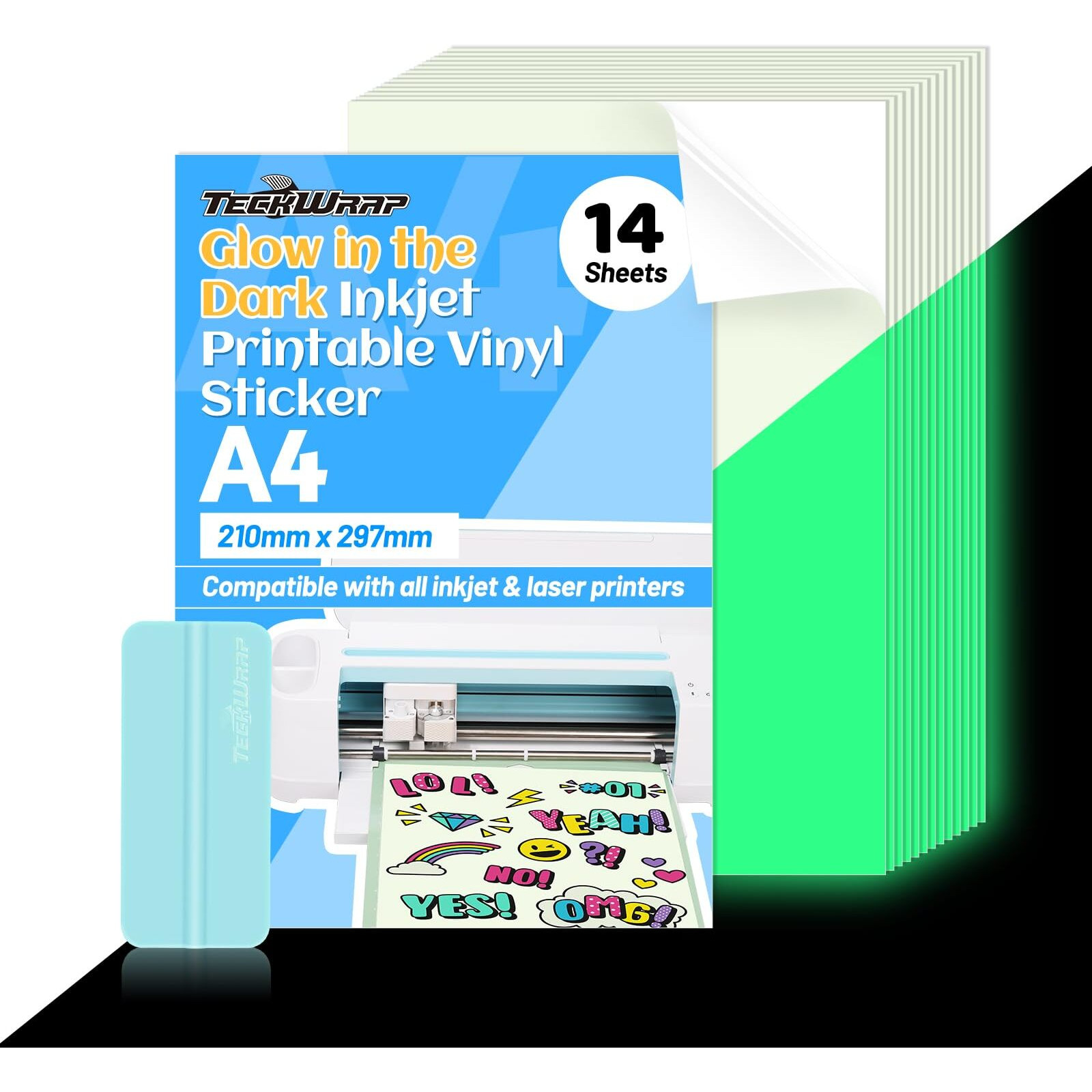 Teckwrap Printable Vinyl Sticker Paper For Inkjet Printer  Glow In The Dark Vinyl Inkjet Printable Sticker Paper  8.26"" X 11.69"" A4 Size For Scrap-Booking  Craft Cutters  Home Decor  14 Sheets/Pack
