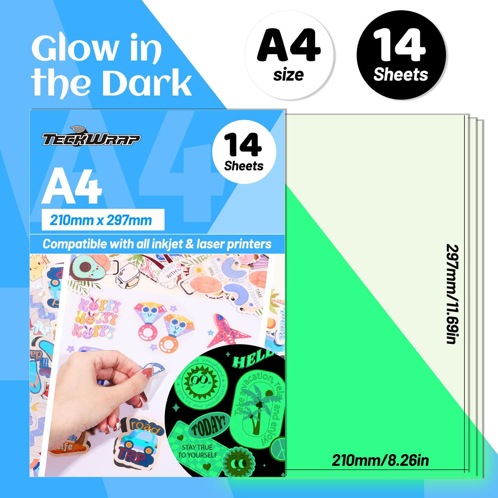Teckwrap Printable Vinyl Sticker Paper For Inkjet Printer  Glow In The Dark Vinyl Inkjet Printable Sticker Paper  8.26"" X 11.69"" A4 Size For Scrap-Booking  Craft Cutters  Home Decor  14 Sheets/Pack