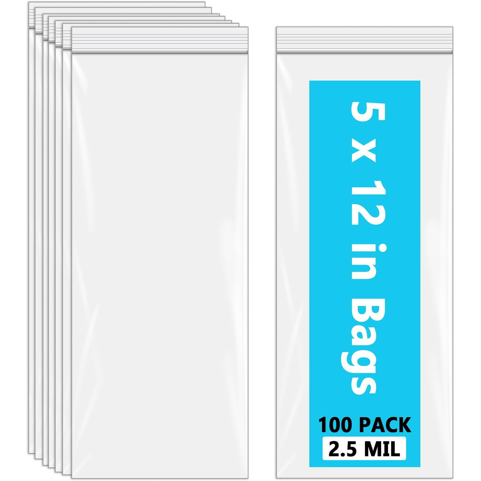 5X12 Long Plastic Bags  Zip Bags Clear Plastic Poly Bags  2.5 Mil  5"" X 12"" (Pack Of 100)