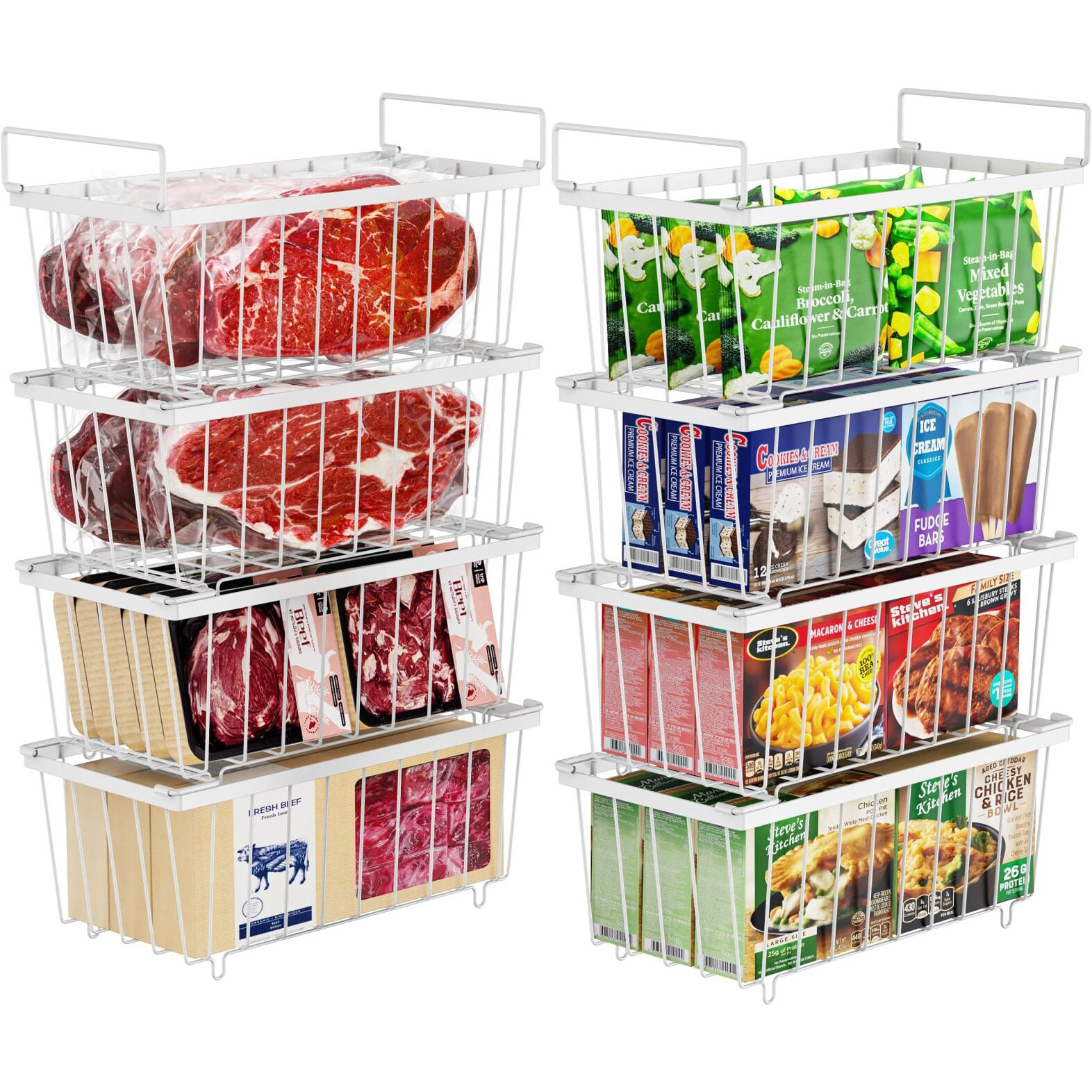Ispecle Chest Freezer Organizer Bins - 8 Pack Stackable Deep Freezer Organizer Bins For Most 7 Cu.Ft Chest Freezer Sort Frozen Meats  Freezer Storage Bins With Handles Add Space Easy To Reach  White