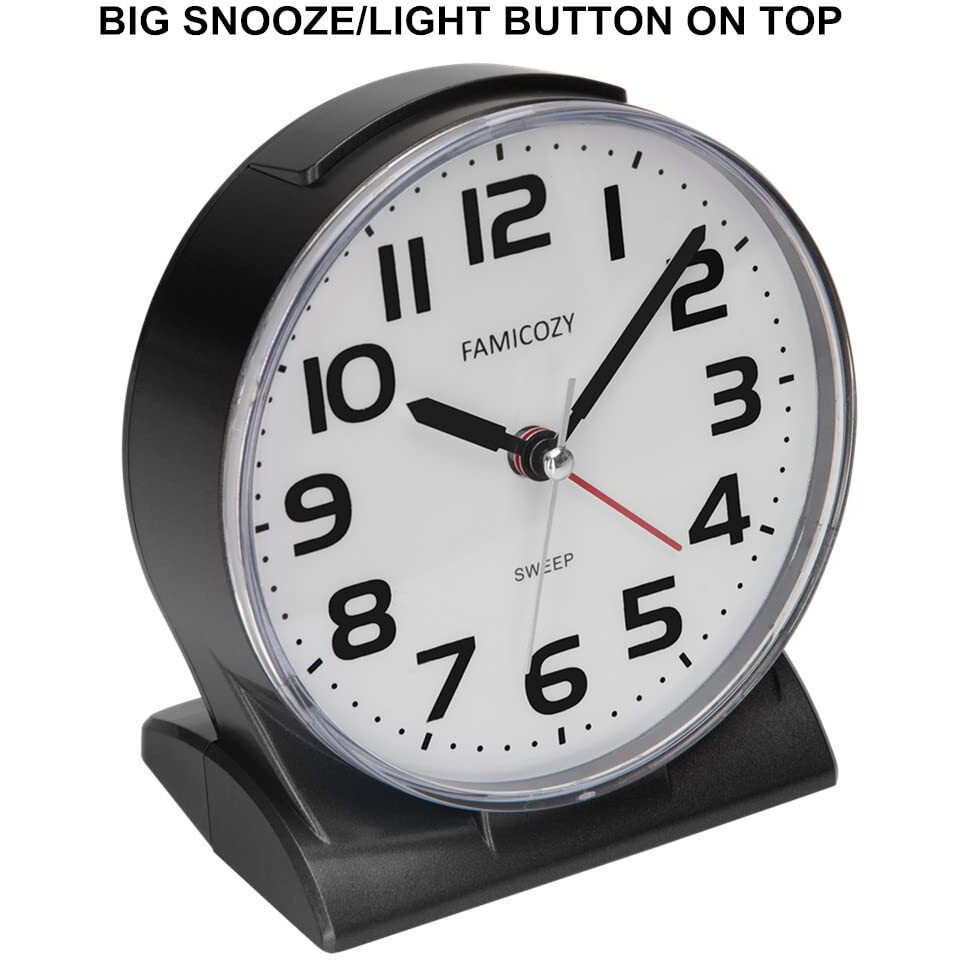 Famicozy 4.5"" No Ticking Analog Alarm Clock Silent Readable For Seniors Easy To Set Gradual Rise Alarm Big Numbers On/Off Switch On Side Gentle Wake Snooze Soft Backlight Battery Operated Black