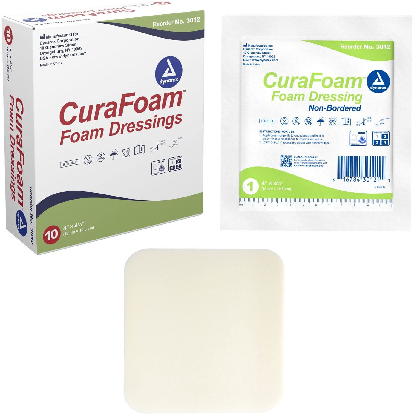 Dynarex 3012 Curafoam Foam Dressing  Non-Bordered  Sterile  Provides Cushioned And Moist Wound Care  4"" X 4.25""  Pack Of 10