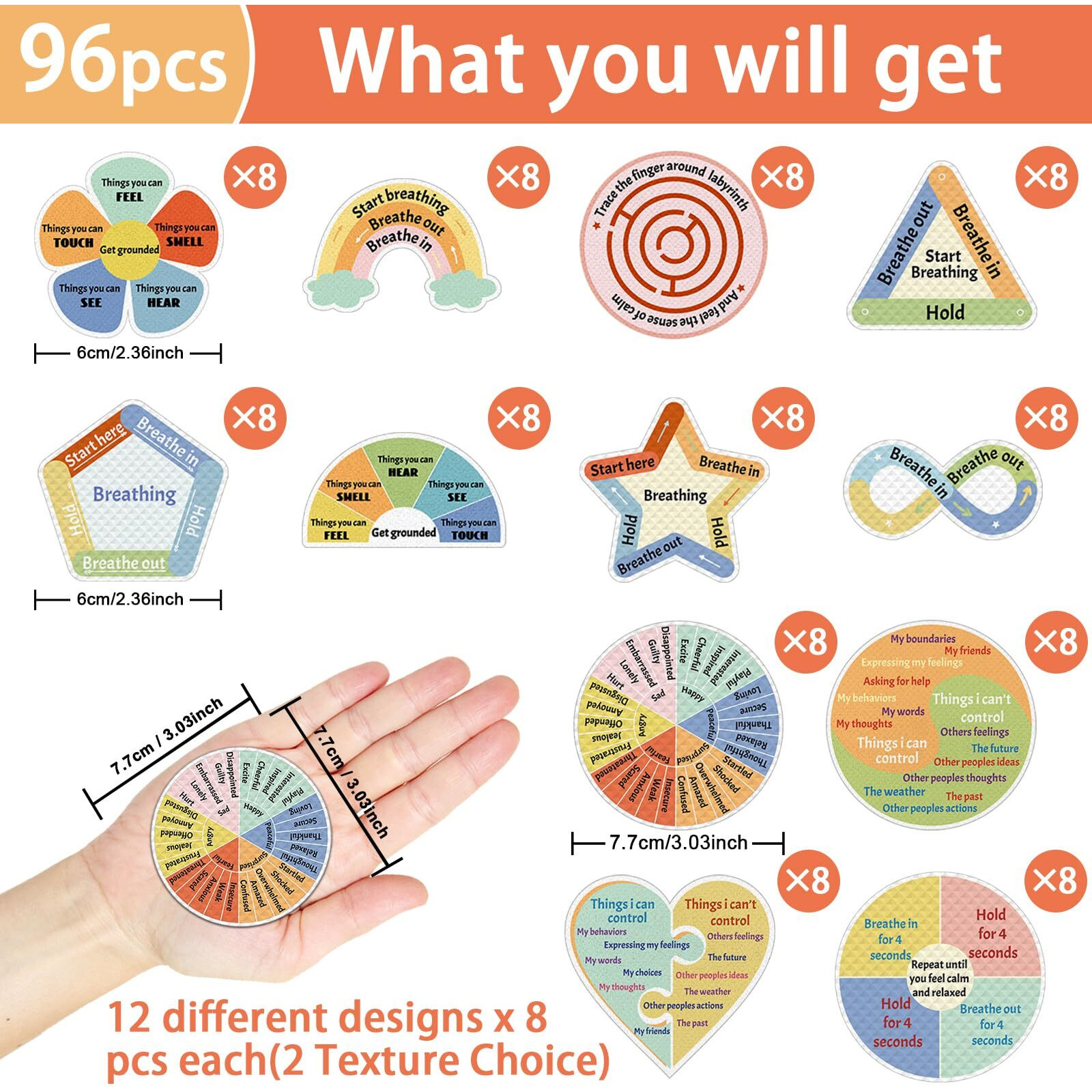 96 Pcs Breath Calm Anxiety Sensory Stickers Reusable Mindfulness Stickers Anti Stress Rough Textured Sticker Anxiety Strips For School Office Classroom Desk Adults Teens Tension Fidget Supplies