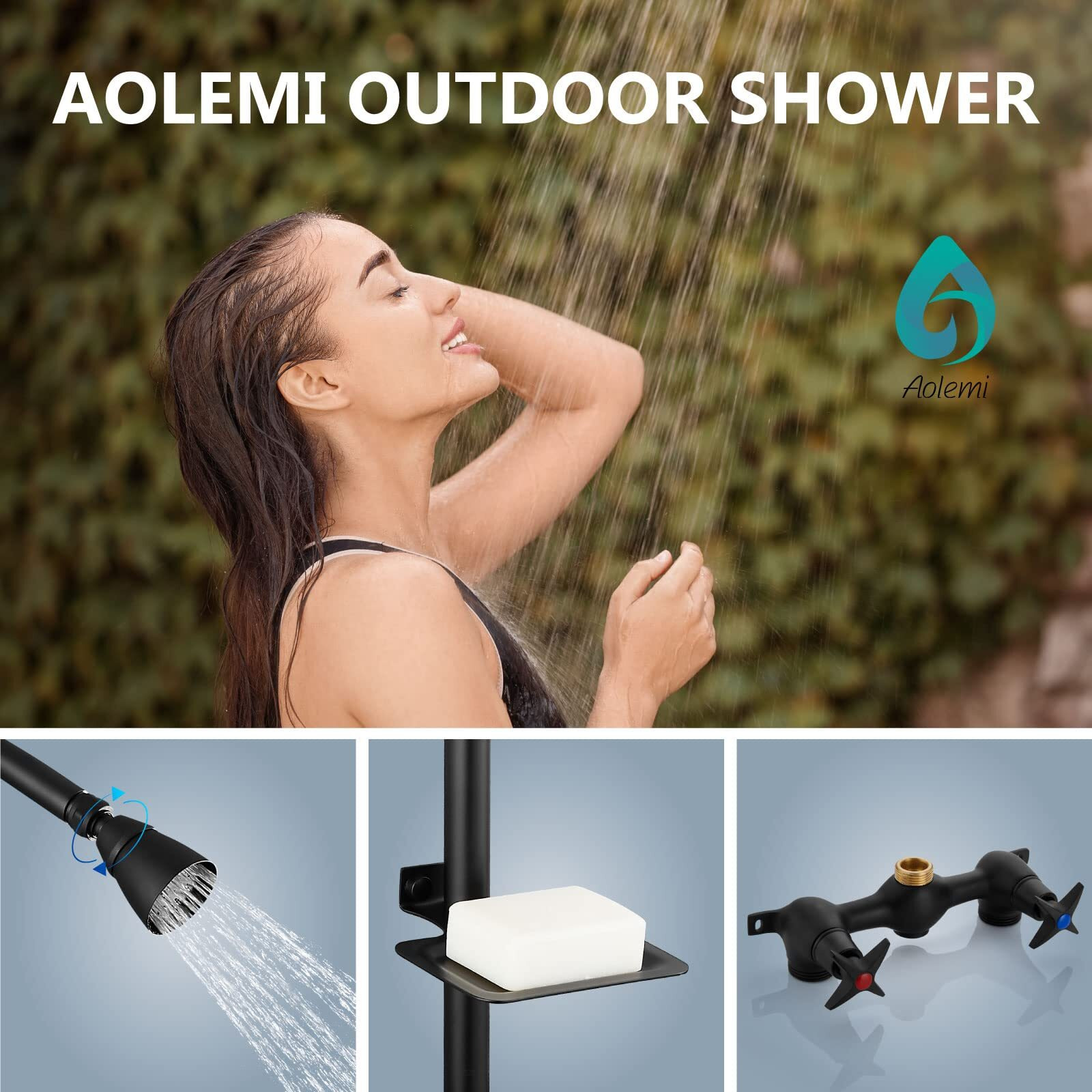 Aolemi Outdoor Shower Kit Outdoor Shower Fixtures Faucet System With High Pressure Showerhead 2-Handle Exposed Shower With Brass Mix Valve 6 Inch Center With Soap Dish Matte Black