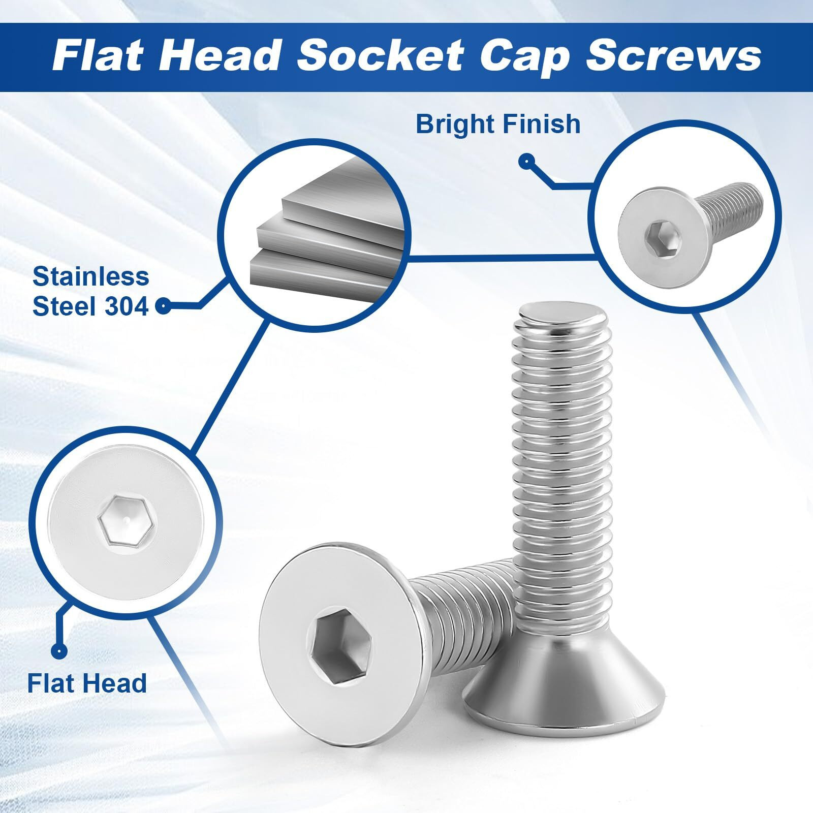 1/4-20 X 3/4"" Flat Head Socket Cap Screws Countersunk Bolts  304 Stainless Steel 18-8  Bright Finish  50 Pcs