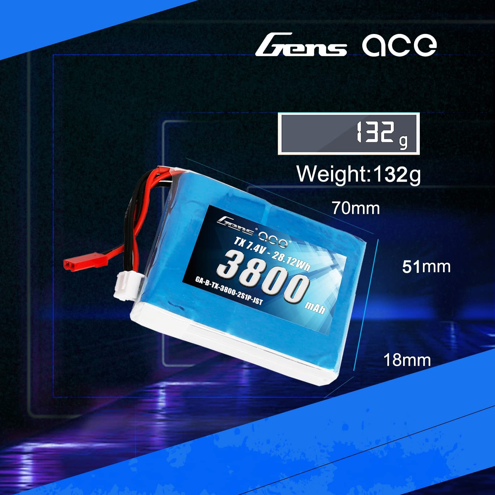 Gens Ace 3800Mah 7.4V 2S1P Tx Lipo Battery Pack With Jst-Syp Plug For The Qx7