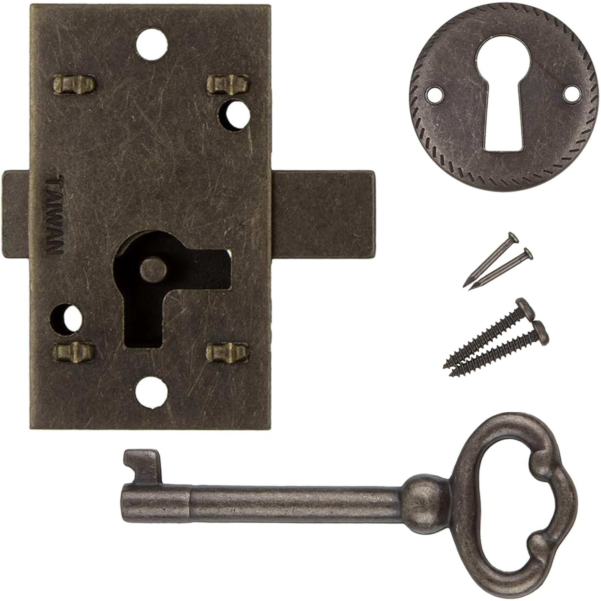 Small Antique Brass Flush Mount Cabinet Door Lock With Key - 1"" Wide X 1 3/4"" High - Vintage Lock And Key For Furniture Doors And Drawers | Ua-030-Lab