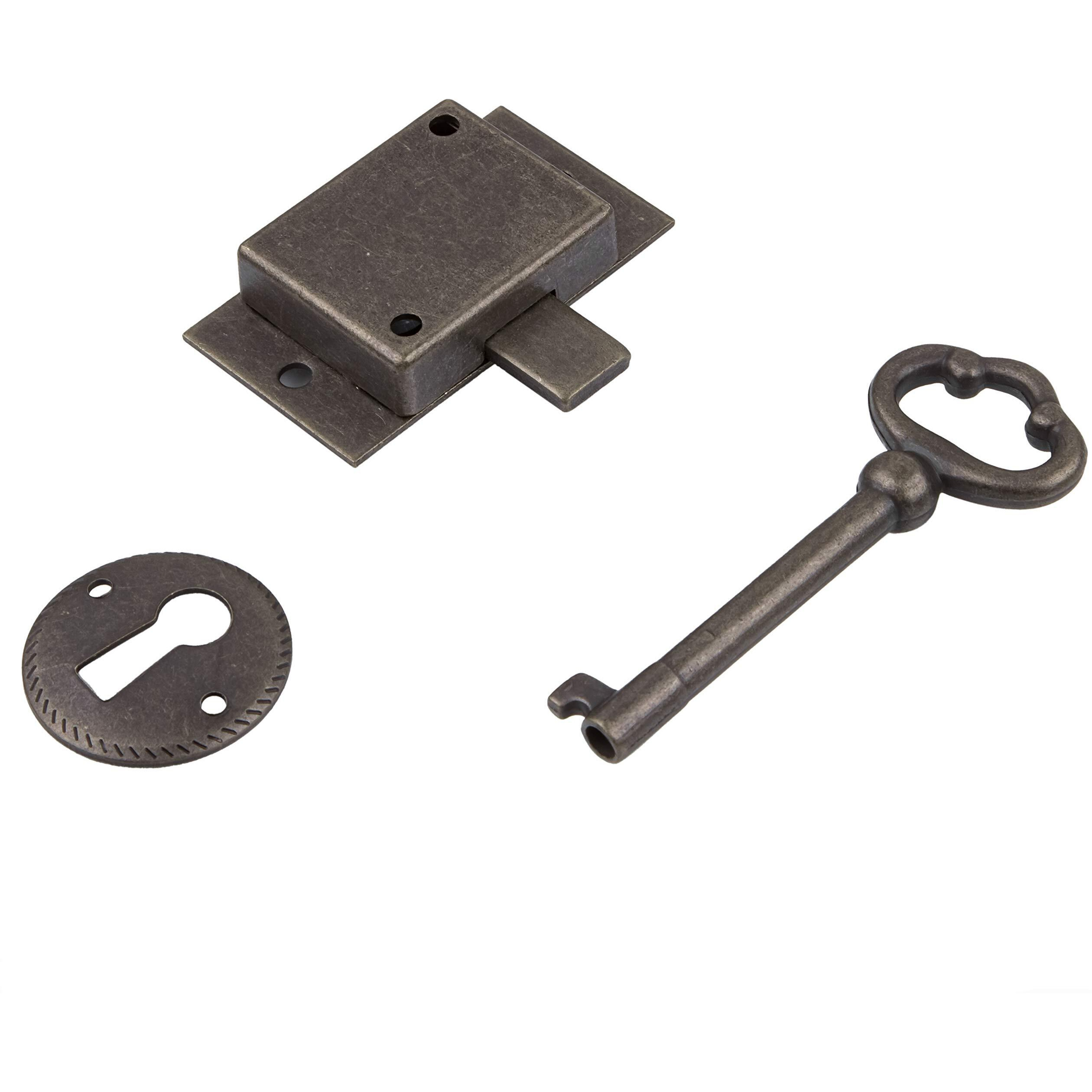 Small Antique Brass Flush Mount Cabinet Door Lock With Key - 1"" Wide X 1 3/4"" High - Vintage Lock And Key For Furniture Doors And Drawers | Ua-030-Lab