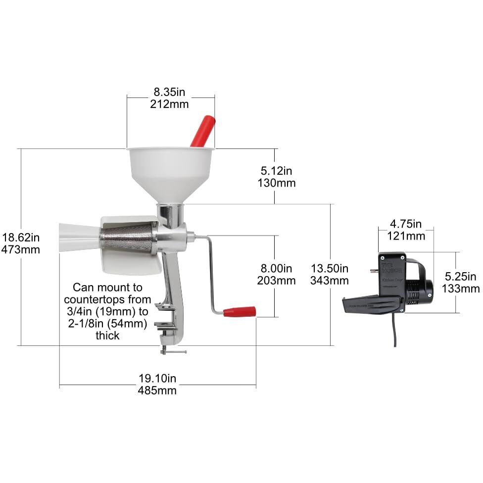 Johnny Apple Sauce Maker  Tomato Sauce Maker  Salsa  Pumpkin Puree  Remove Skins & Seeds From Produce  Model 250 Clamp Based Food Strainer With Electric Motor (Strainer + Motor + Accessories)