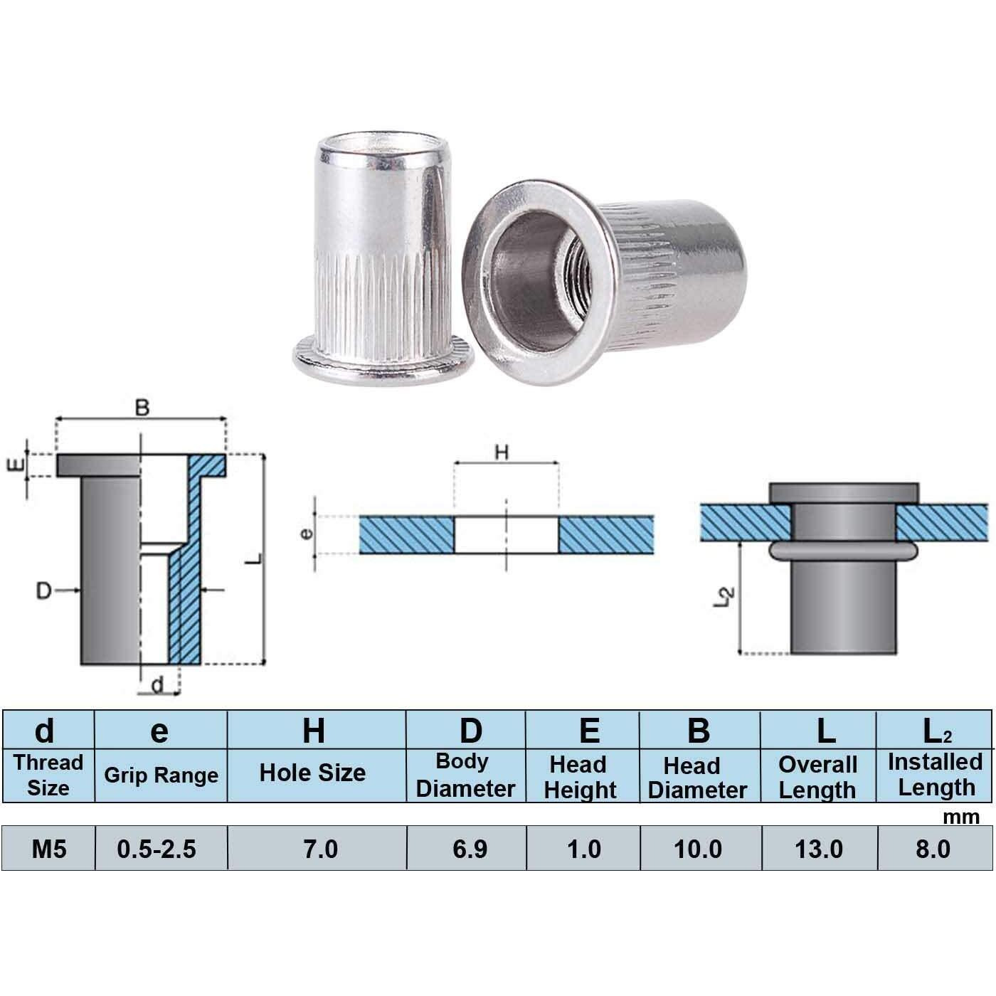 50Pcs M5 Rivet Nuts Stainless Steel Threaded Rivet Insert Nuts Rivnuts Nutsert M5-0.8Mm