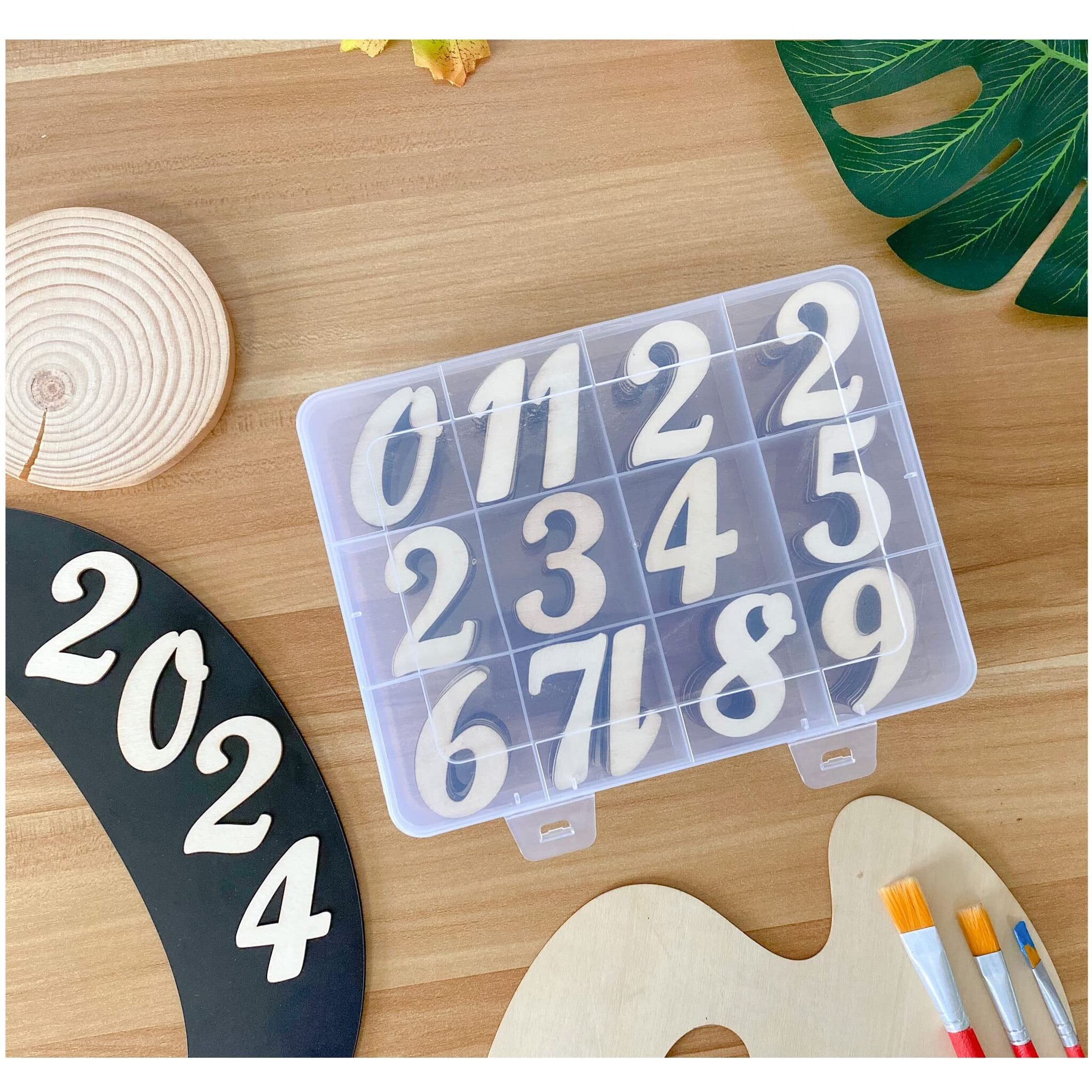 2 Inch 196 Pieces Wooden Numbers Unfinished Wood Numbers 0-9 For Crafts With Sorting Grid Organizer