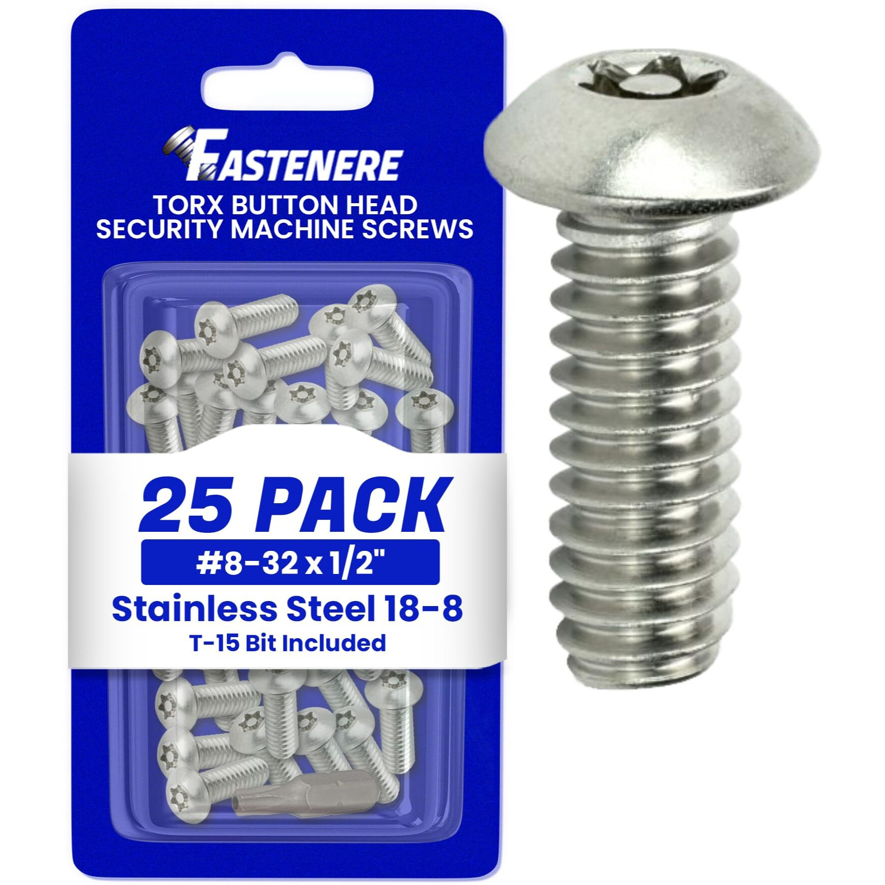 Fastenere Torx Security Machine Screws - 8-32 X 1/2"" (25-Pack) Stainless Steel  Tamper-Resistant  Button Head Screws  Bolt Screw For Higher Level Of Safety & Theft Prevention