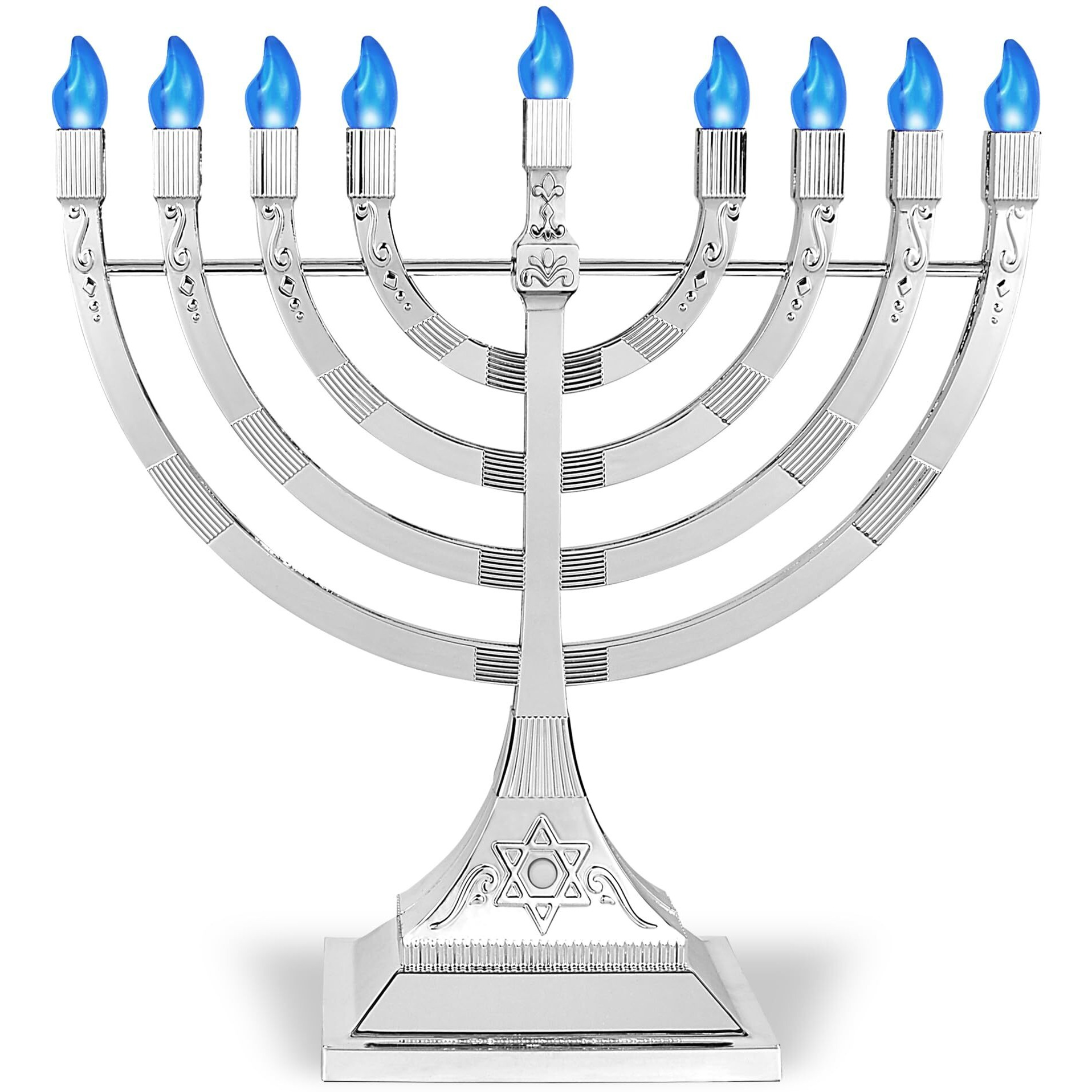 Electric Chanukah Menorah With Flame Shaped Led Bulbs - Batteries Or Usb Powered Electronic Minorah - 4' Cable Included Hanukkah Battery Menorahs By Zion Judaica (Silver)