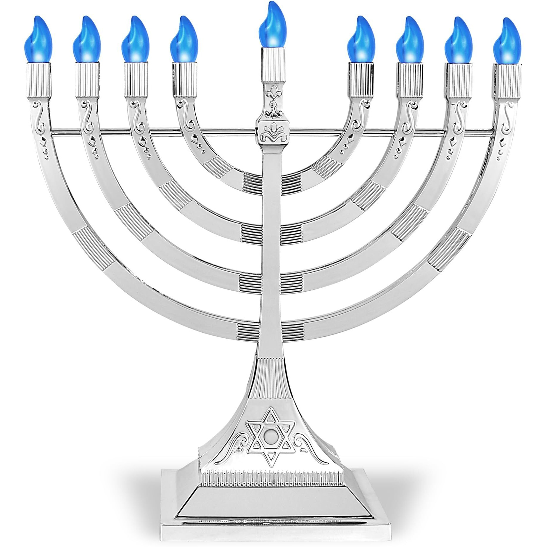 Electric Chanukah Menorah With Flame Shaped Led Bulbs - Batteries Or Usb Powered Electronic Minorah - 4' Cable Included Hanukkah Battery Menorahs By Zion Judaica (Silver)