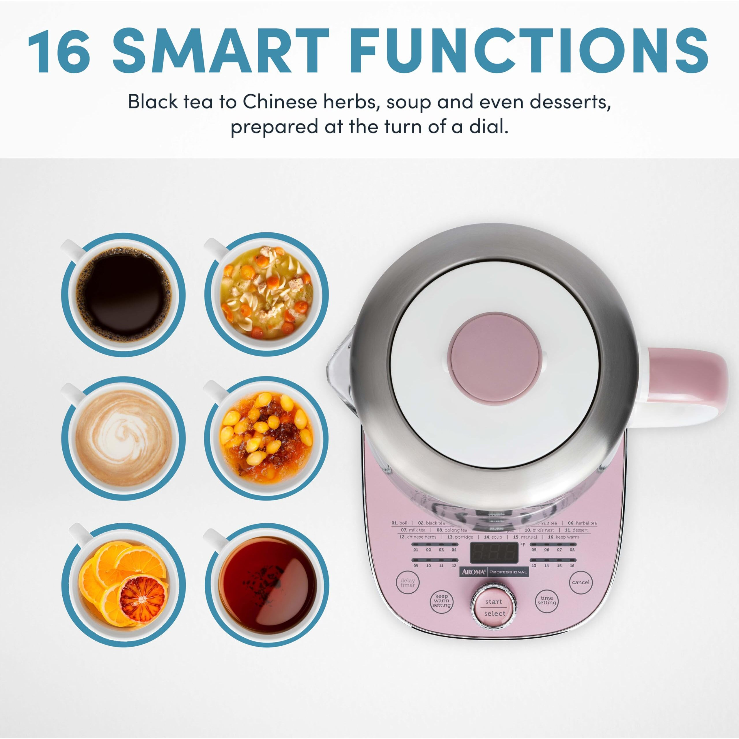 Aroma Professional Awk-701 16-In-1 Nutri-Water  Green  Fruit  Flower Tea  Coffee  Multi-Use Kettle  Delay Timer  1.5L  Pink
