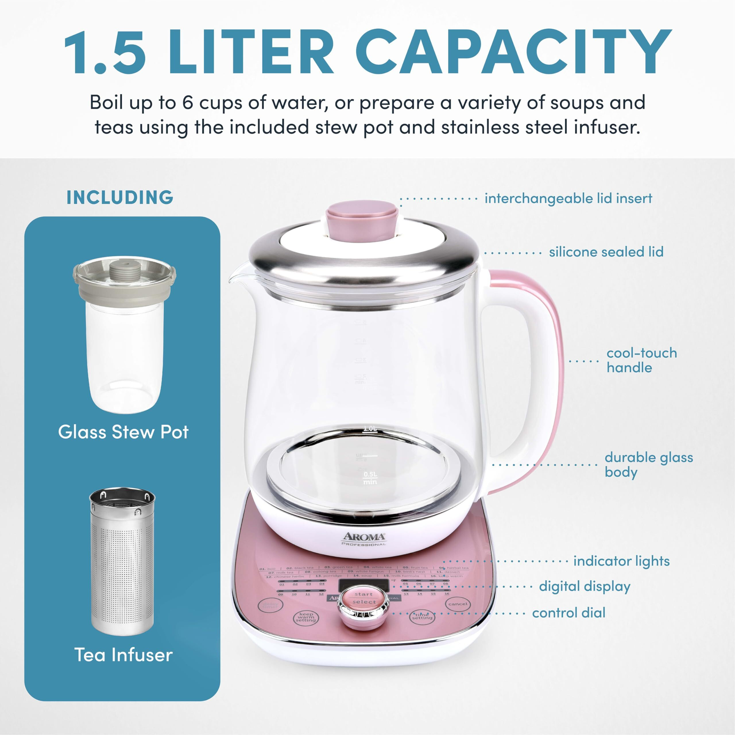 Aroma Professional Awk-701 16-In-1 Nutri-Water  Green  Fruit  Flower Tea  Coffee  Multi-Use Kettle  Delay Timer  1.5L  Pink