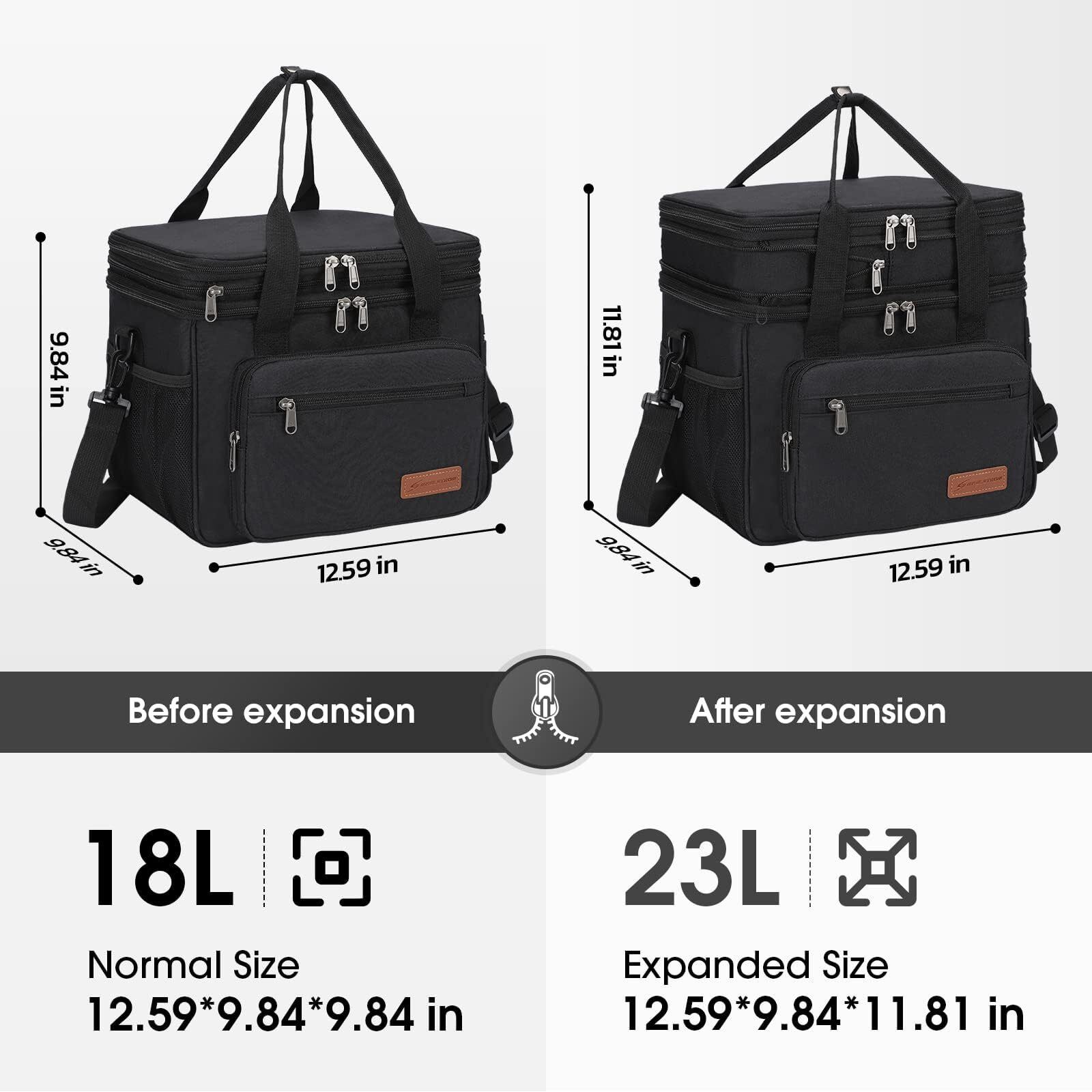 Maelstrom Lunch Box  23L Insulated Lunch Bag  Expandable Double Deck Cooler Bag  Lightweight Leakproof Tote Bag With Side Tissue Pocket  Suit For Men And Women  Black