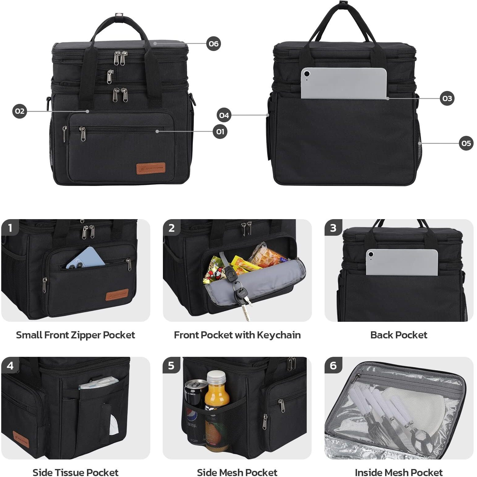 Maelstrom Lunch Box  23L Insulated Lunch Bag  Expandable Double Deck Cooler Bag  Lightweight Leakproof Tote Bag With Side Tissue Pocket  Suit For Men And Women  Black