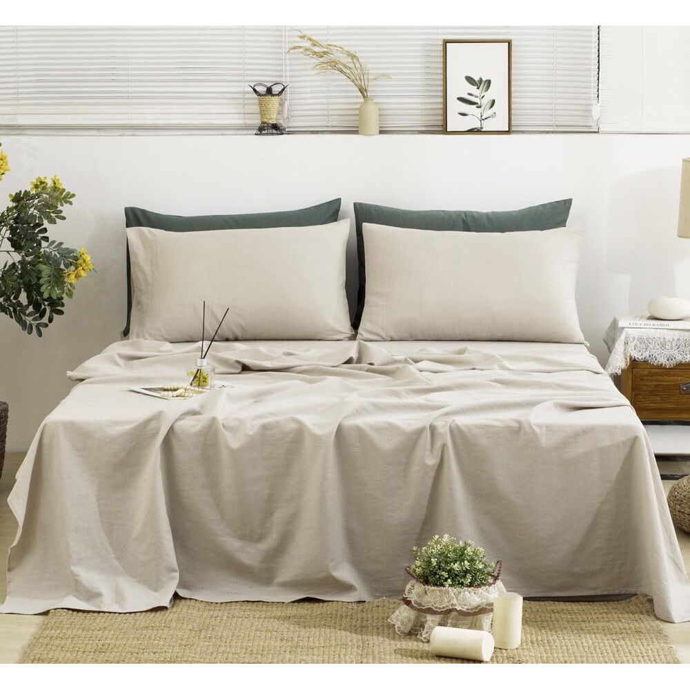 Tumei Linen Sheets Queen Size-100% Linen Bed Sheets Set Queen Size  4Pcs Washed French Flax Linen Sheets Set With Durable Deep Pocket Fitted Sheet & Flat Sheet & 2 Pillowcases  Natural Linen Queen