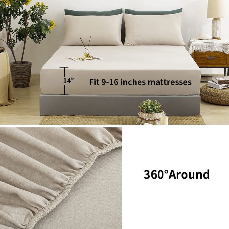 Tumei Linen Sheets Queen Size-100% Linen Bed Sheets Set Queen Size  4Pcs Washed French Flax Linen Sheets Set With Durable Deep Pocket Fitted Sheet & Flat Sheet & 2 Pillowcases  Natural Linen Queen