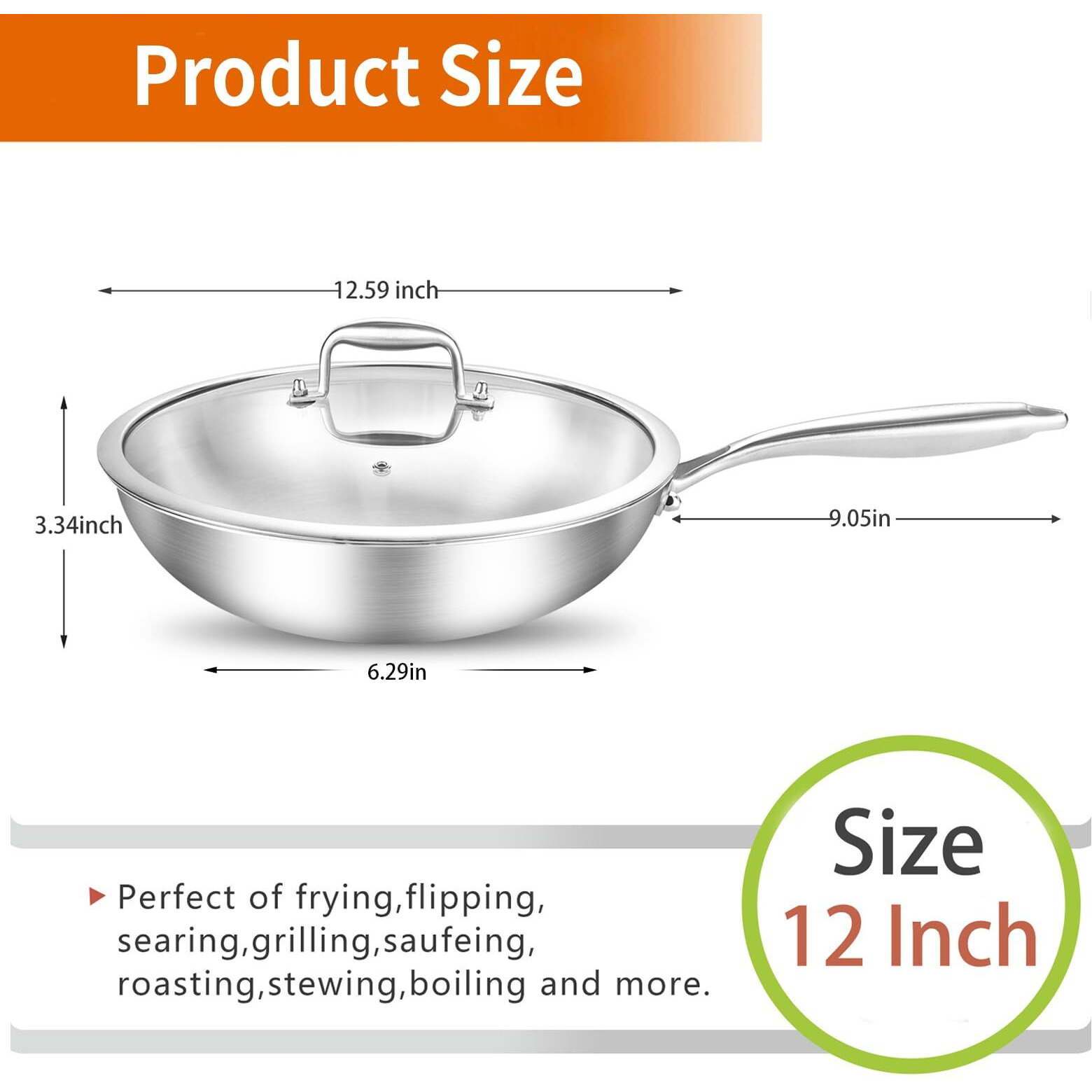 Delarlo Tri-Ply Stainless Steel Wok  12.5 Inch Induction Wok  Flat Bottom Wok With Lid  Wok For Induction Cooktop  Wide And Deep Stainless Wok  12"" Stir Fry Pan For Glass Top Stove Up To 600