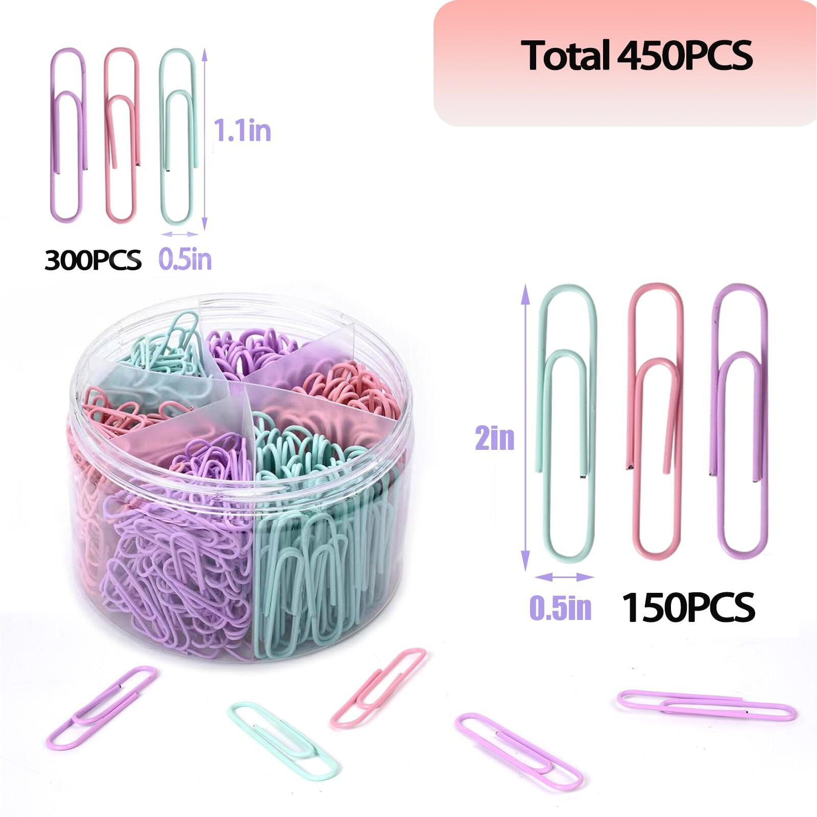 Macaron Colored Paper Clips 450 Pcs Paper Clips Assorted Sizes  Large Small(1.1 Inch & 2 Inch)Paperclips  Paper Clip For Paperwork Office School And Personal Use