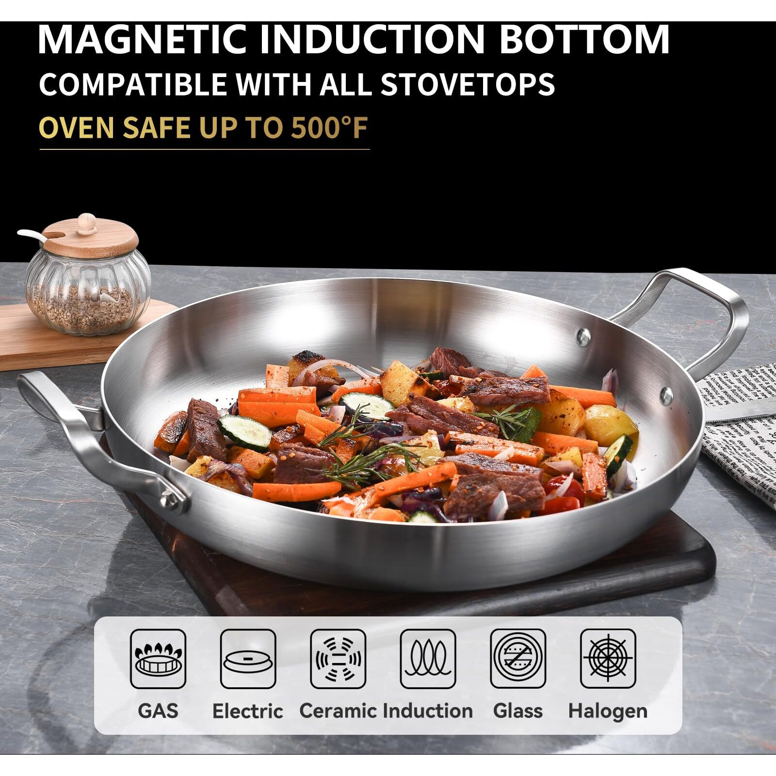 Inqibee 14-Inch Tri-Ply Stainless Steel Paella Pan  Large Skillet Griddle Pan Large Frying Pan Jumbo Cooker Induction Cookware Dishwasher And Oven Safe.