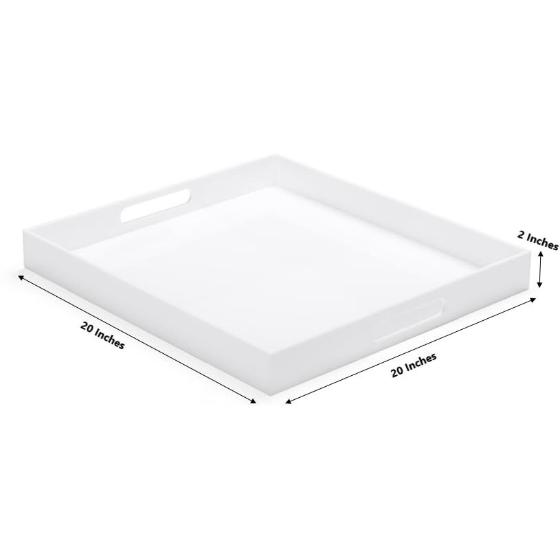 Atozone White Modern Acrylic Ottoman Tray With Cutout Handles 20X20 Inch Over-Sized Serving Tray Organizer Rubber Boot Tray Decorative For Living Room Bedroom Bathroom And Entryway Kitchen