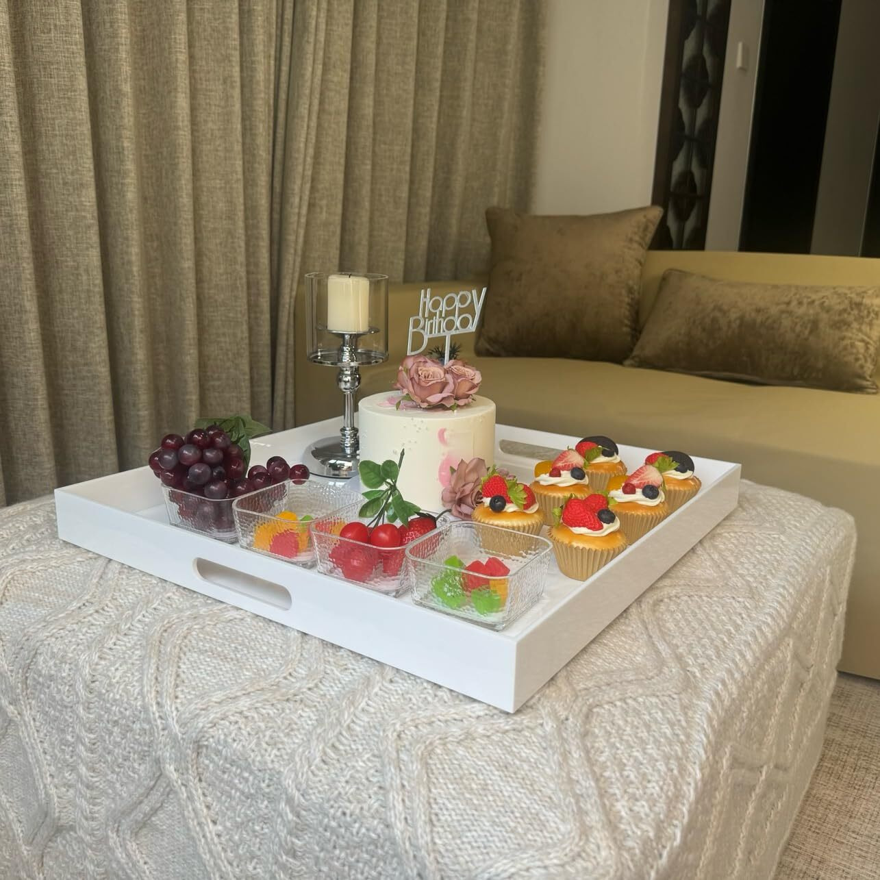 Atozone White Modern Acrylic Ottoman Tray With Cutout Handles 20X20 Inch Over-Sized Serving Tray Organizer Rubber Boot Tray Decorative For Living Room Bedroom Bathroom And Entryway Kitchen