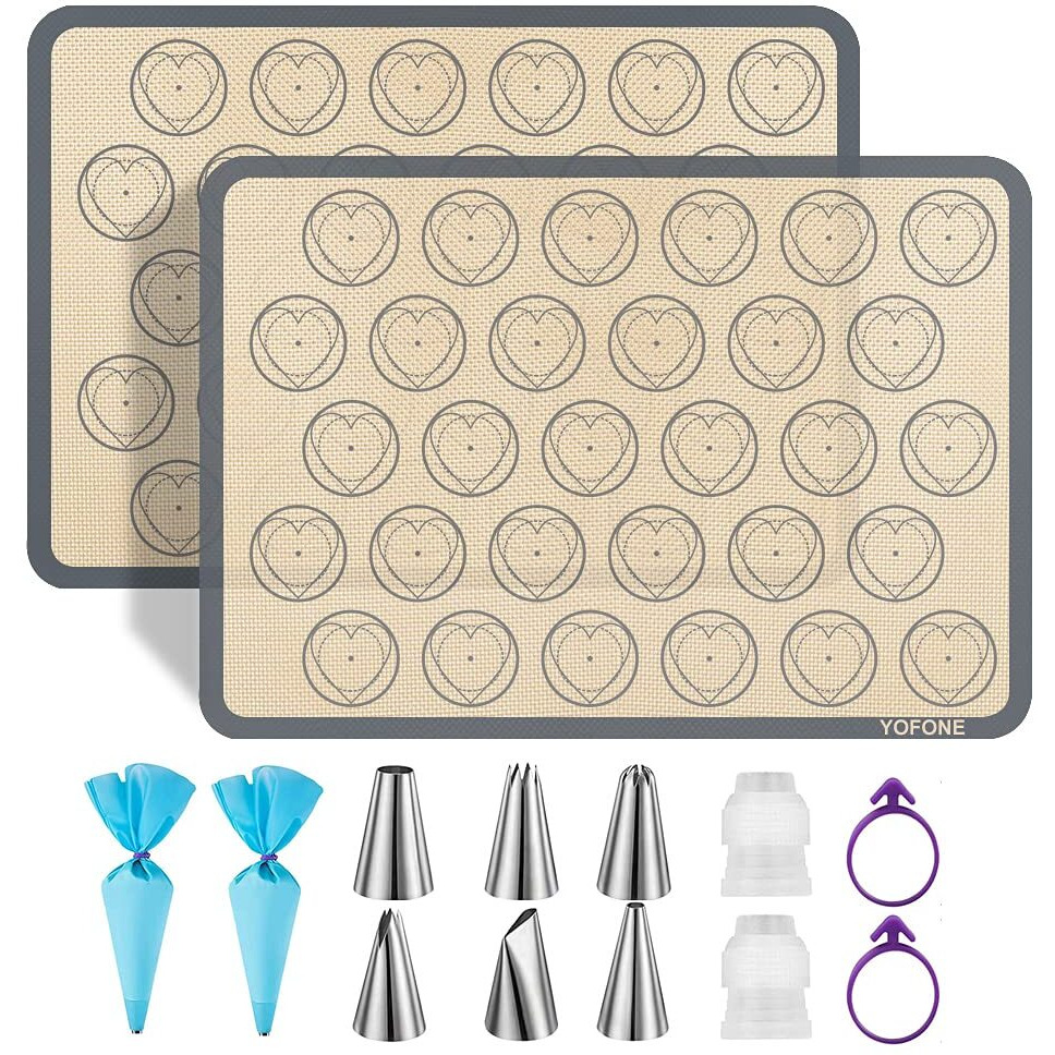 Yofone Silicone Baking Mats  Macaron Baking Mat With Kit Sets  6 Piping Tip  2 Piping Bag And 2 Bag Tie - Reusable Non Stick Liners  2-Pack Silicone Mats