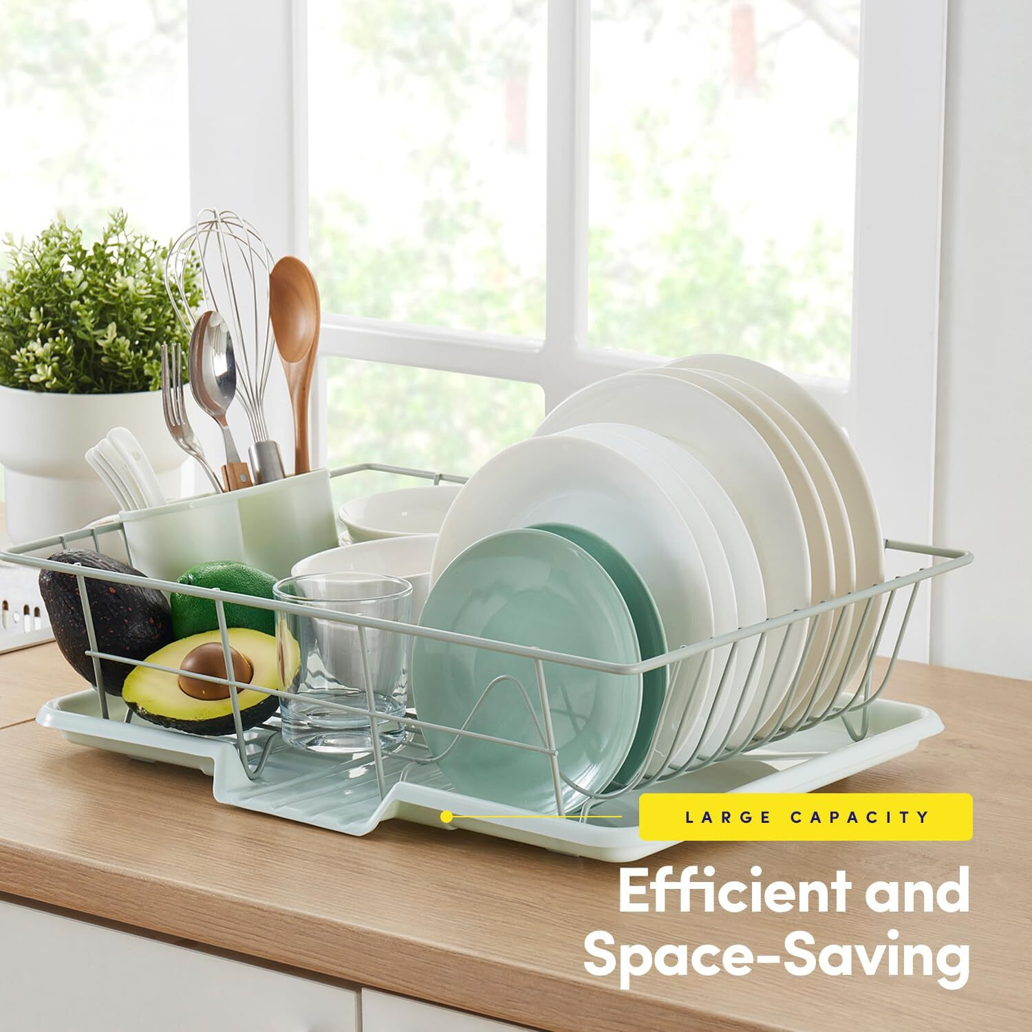 Sweet Home Collection Space-Saving 3-Piece Dish Drainer Rack Set Efficient Kitchen Organizer For Quick Drying And Storage - Includes Cutlery Holder And Drainboard - Maximize Countertop Space  Mint