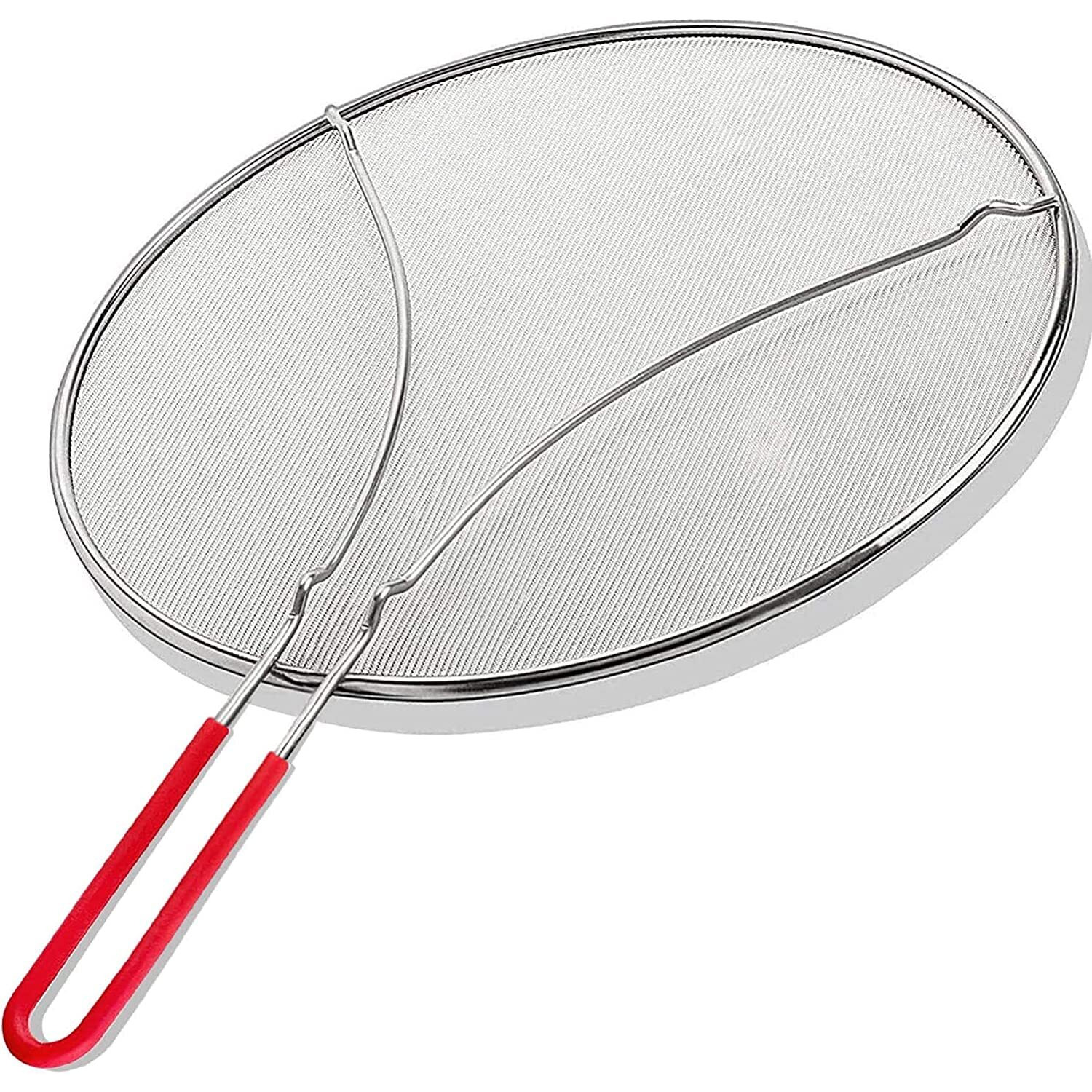 13"" Grease Splatter Screen For Cooking | Stainless Steel Oil Splatter Guard And Ultra-Fine Mesh Protects Skin From Burns | Silicone Red Handle