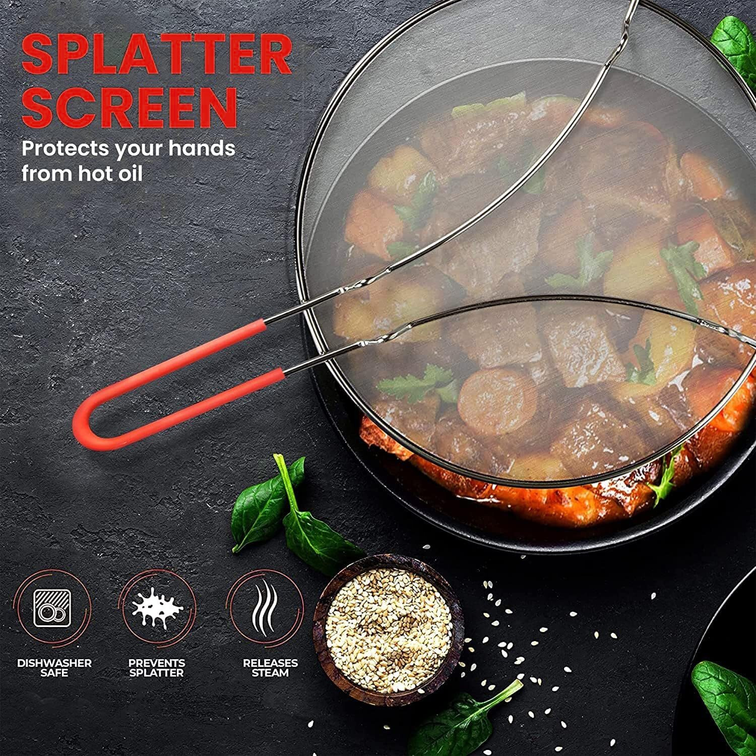 13"" Grease Splatter Screen For Cooking | Stainless Steel Oil Splatter Guard And Ultra-Fine Mesh Protects Skin From Burns | Silicone Red Handle