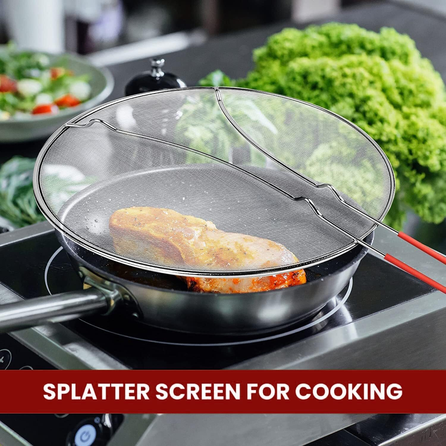 13"" Grease Splatter Screen For Cooking | Stainless Steel Oil Splatter Guard And Ultra-Fine Mesh Protects Skin From Burns | Silicone Red Handle