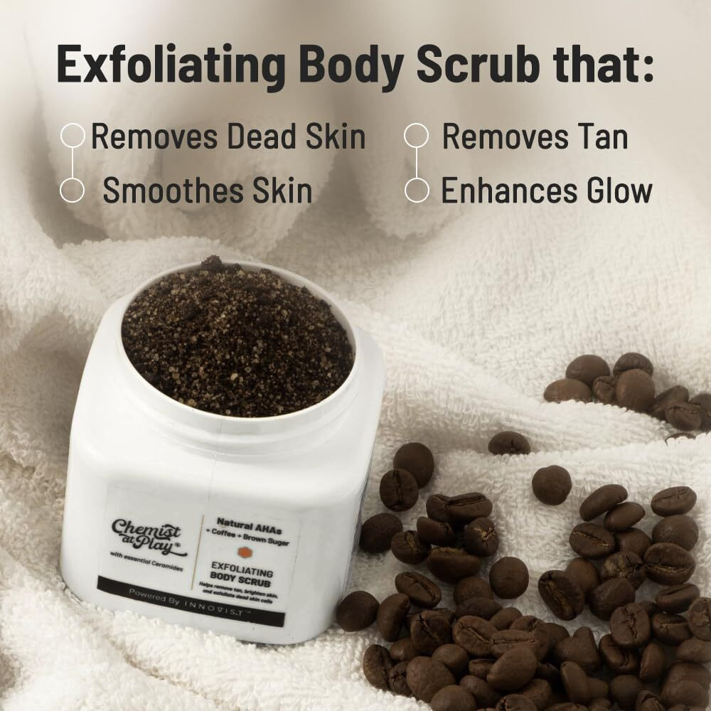 Chemist At Play Exfoliating Body Scrub For Removing Tan & Dead Skin Cells | Rough & Bumpy Skin  Tanned & Pigmented Skin | For Smooth  Soft & Bright Skin | Natural Ahas | Coffee 2.6 Fl Oz.