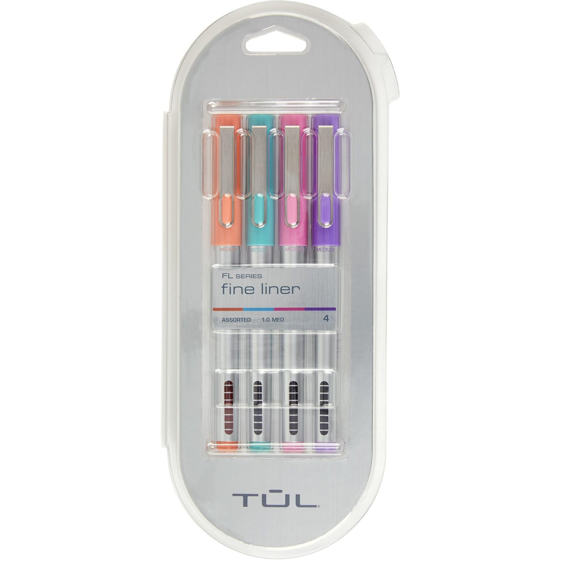 Tul Fine Liner Felt-Tip Pen  Fine  1.0 Mm  Silver Barrels  Assorted Inks  Pack Of 4 Pens