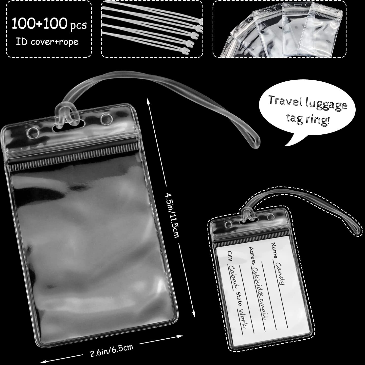 Wyomer 100 Pieces Clear Id Card Holder Plastic Luggage Bag Tag Holder Badge Label Tag Holder With 100 Pack Luggage Tag Loop Straps For Office Business Travel Supplies