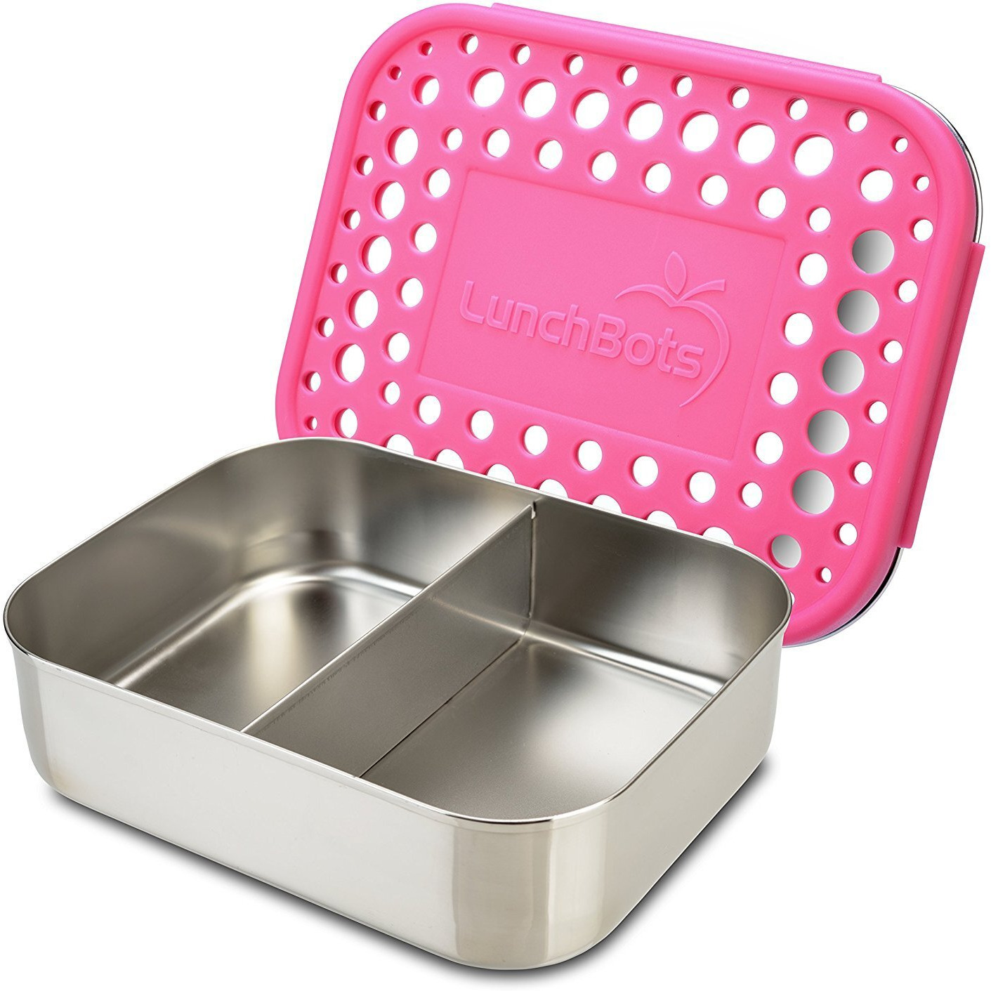 Lunchbots Medium Duo Snack Container - Divided Stainless Steel Food Container - Two Sections For Half Sandwich And A Side - Eco-Friendly - Dishwasher Safe - Stainless Lid - Pink Dots