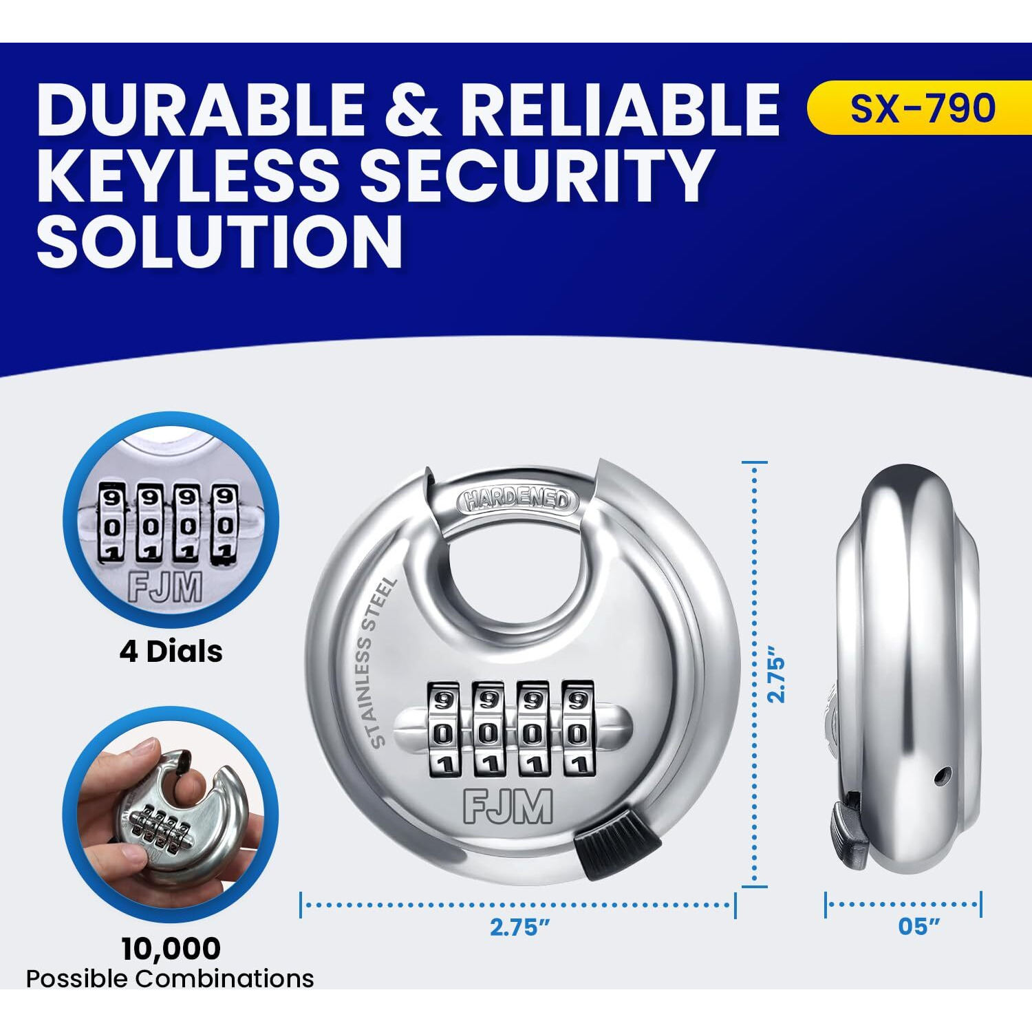 Sx-790 4-Dial Combination Disc Padlock  High Security Combination Lock  Indoor  Outdoor Storage Cabinet Padlock  Durable Locker Lock  For Home Improvement  With Shielded Hardened Steel Shackle  Chrome