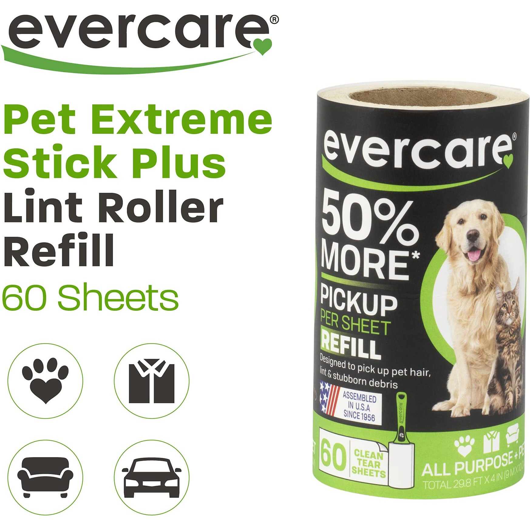 Evercare Extra Sticky Pet Lint Roller Refill 60 Sheets  6-Pack